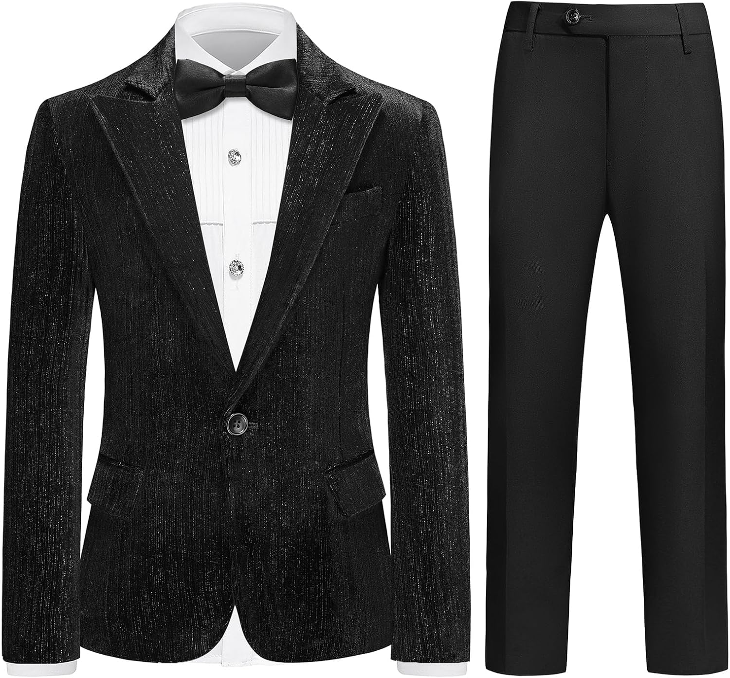 Lamgool Boys Velvet Suit Set Slim Fit Tuxedo Kids Formal Outfit 4 Piece with Blazer Jacket Shirt Pant Bow Tie for Wedding