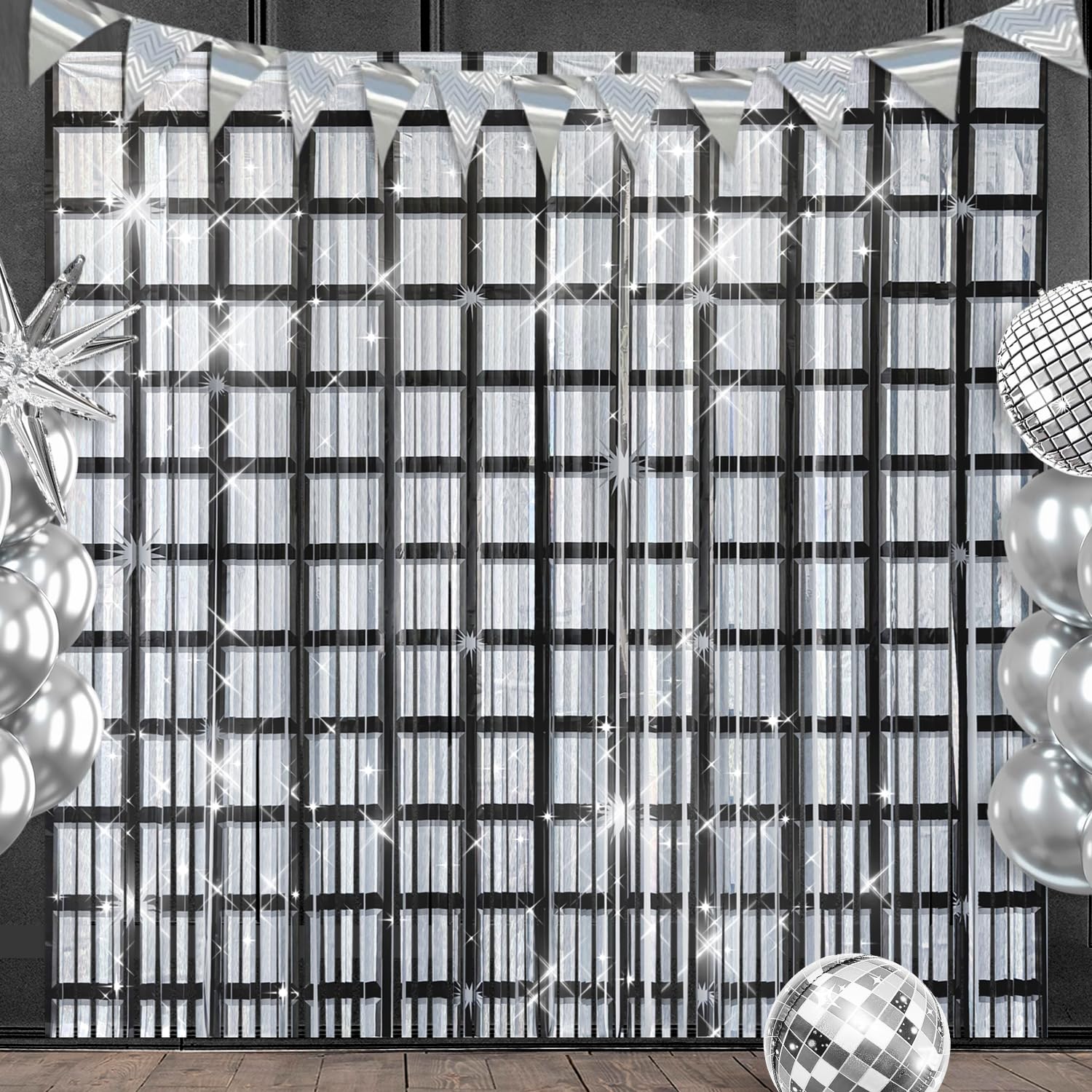 Disco Folien Fransen Vorhaenge Geburtstagsparty Dekorationen, 2er Pack 1X2 M Schwarz Silber Hintergrund Fuer 70er 80er 90er Jahre Disco Thema Geburtstagsparty Dekorationen Und Partyzubehoer