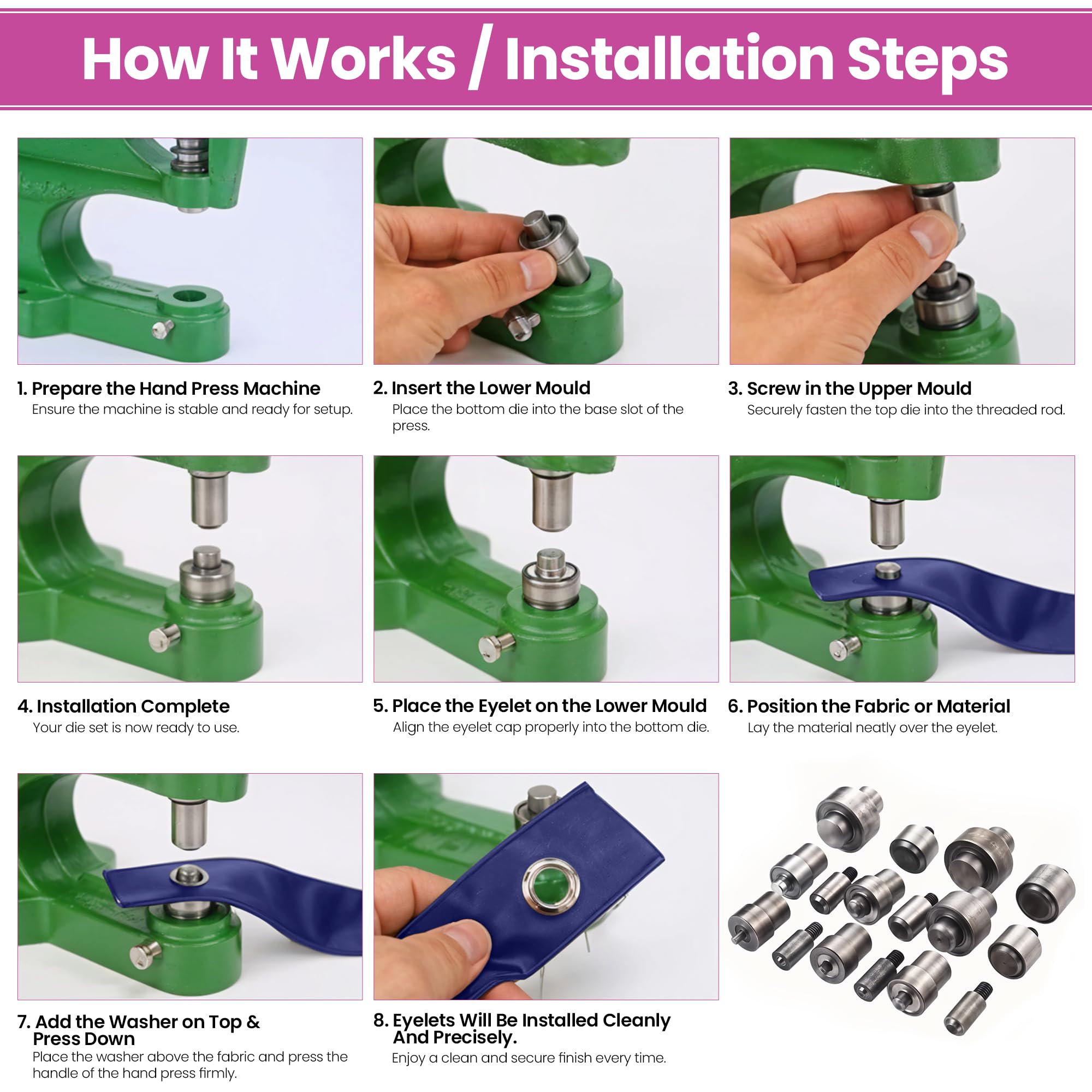 WedDecor Œillets Installation Die Compatible pour Vert Main Machine à Presse pour Rideaux, Artisanat Bricolage Projets, Travail du Cuir, Vinyle Bannières, 40mm