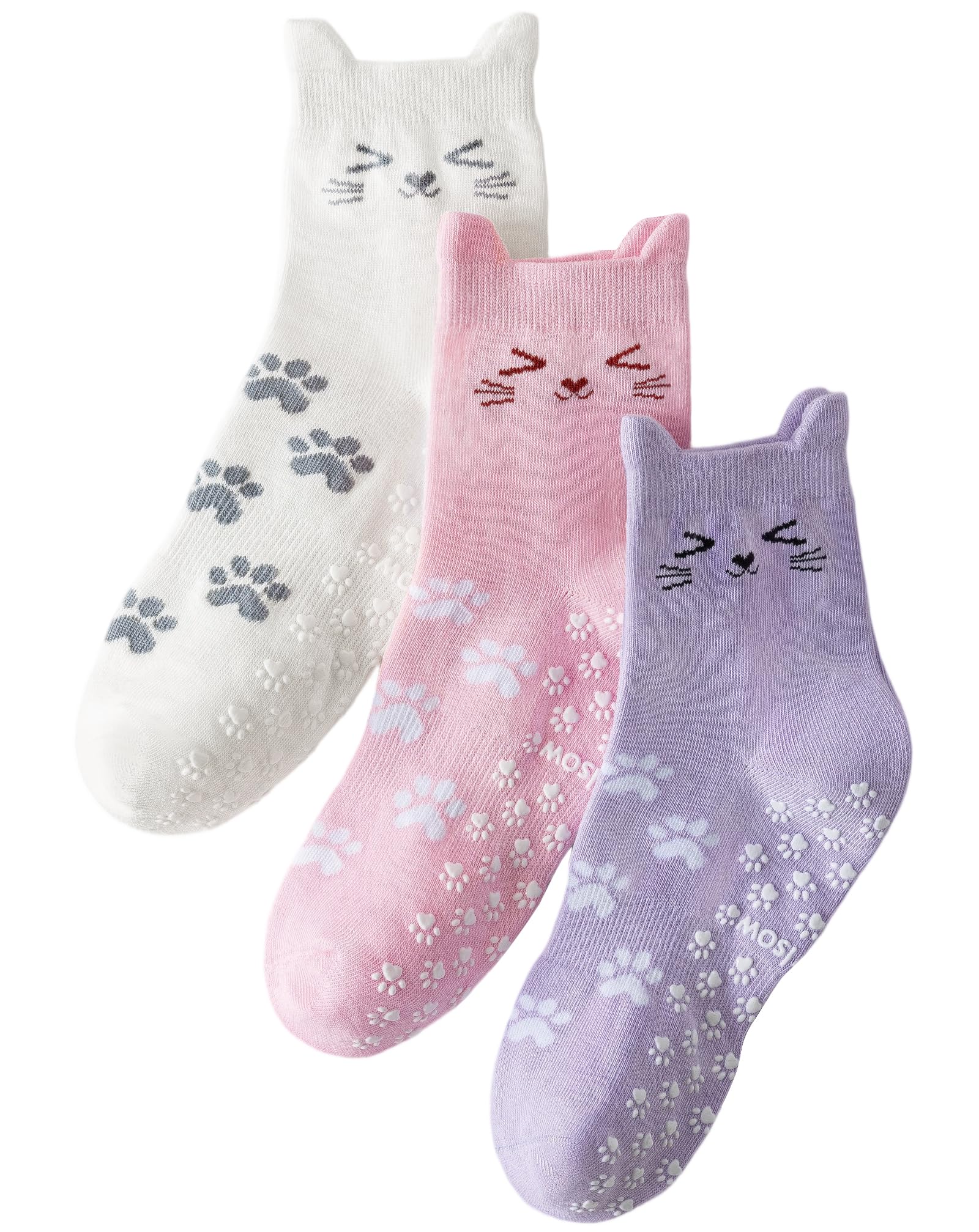 [Yawlsow] レディース ピラティス 靴下 可愛い猫デザイン おしゃれ 動物柄 猫の肉球滑り止め付き ヨガ・バレエソックス 誕生日・クリスマスにぴったりのギフト 母親・彼女・友人へのプレゼント 人気 (JP, アルファベット, Free Size, レギュラー, 3足ーホワイト＋ピンク＋パープル)