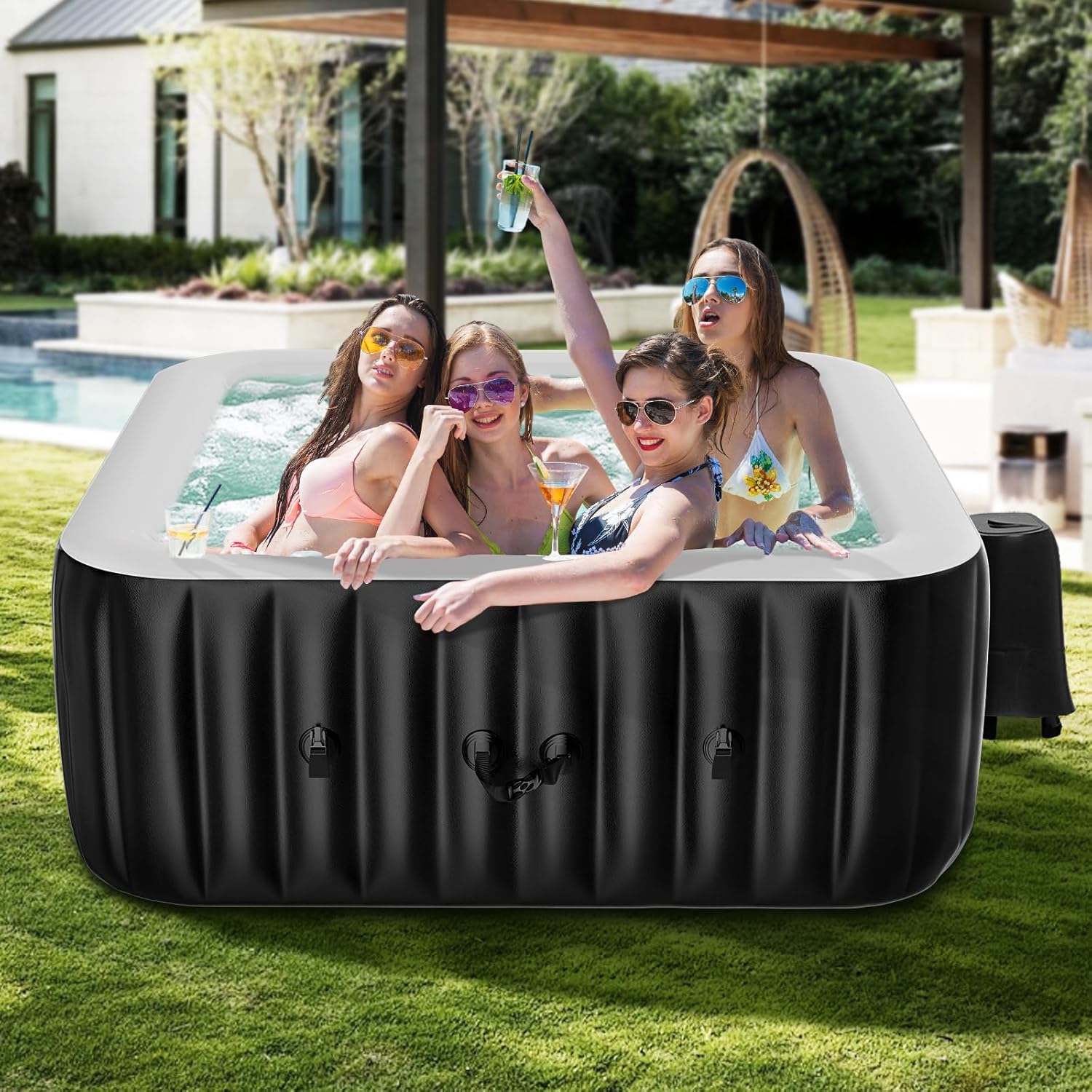 DoCred 2-4 Person Inflatable Hot Tub, 60″ X 60″ X 25″ Square Portable Hot Tub with 120 Bubble Jets, Large Outdoor Spa Blow Up Bathtub Set with Heater Pump, Insulated Cover and Filter
