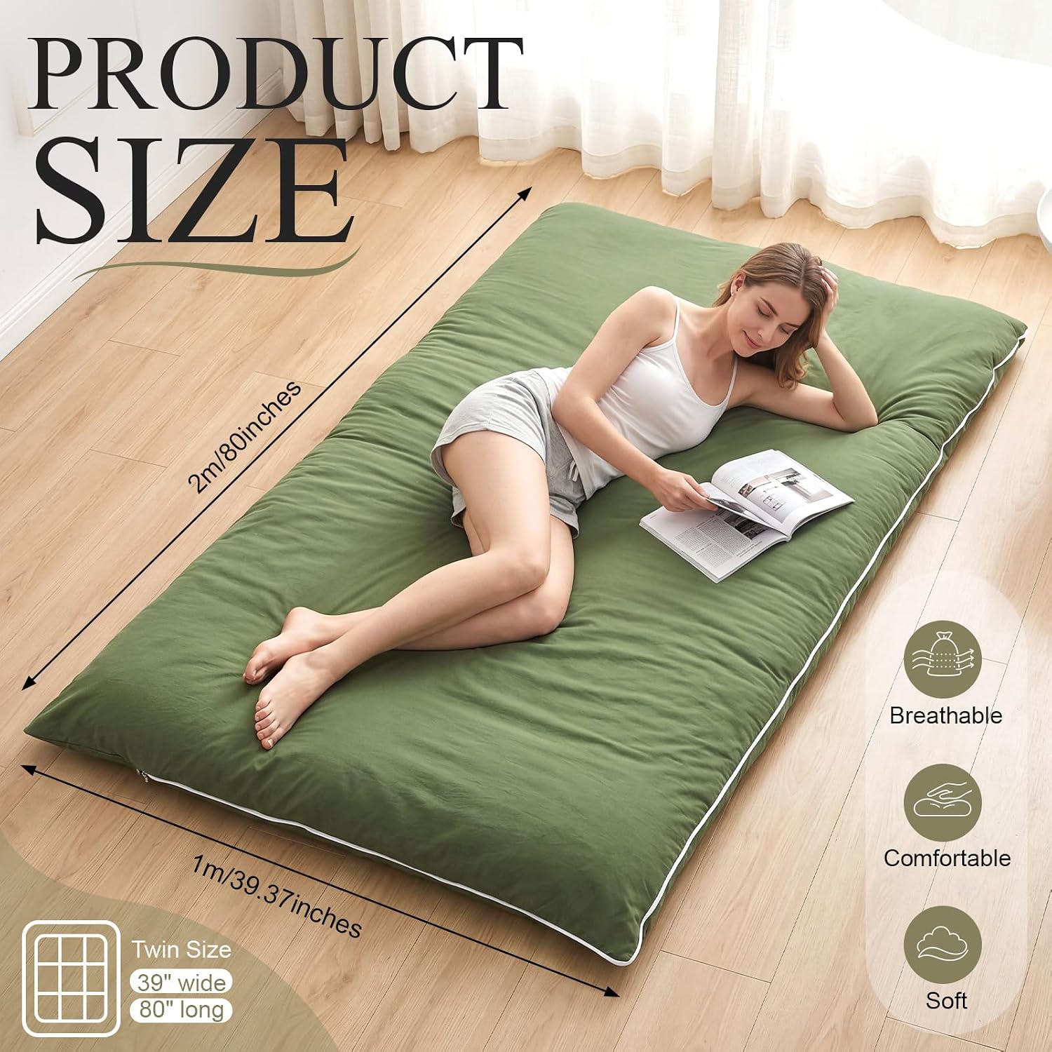Marsui Japanese Floor Mattress Futon Thick Memory Foam Washable Cover Green