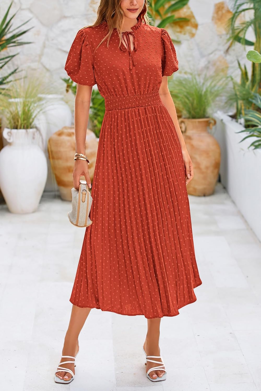 PRETTYGARDEN Womens Summer Midi Dresses Puff Short Sleeve V Neck Swiss Dot Pleated A Line Flowy Long Wedding Guest Dress - (color: Brick Red, size: X-Large)