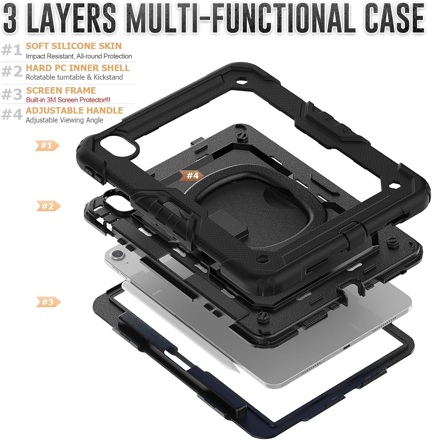 for iPad Air 13 Inch Case M4 2026 / M3 2025 / M2 2024, Heavy Duty Shockproof Protective iPad Air 13 Case with Rotating Handle & Stand- Shoulder Strap- Screen Protector- Pencil Holder, Black