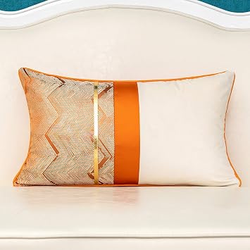 Alerfa 12 x 20 Inch Orange White Geometric Striped Gold Leather Patchwork Velvet Cushion Case Luxury Modern Lumbar Throw Pillow Cover Decorative Pillow for Couch Sofa Living Room Bedroom Car