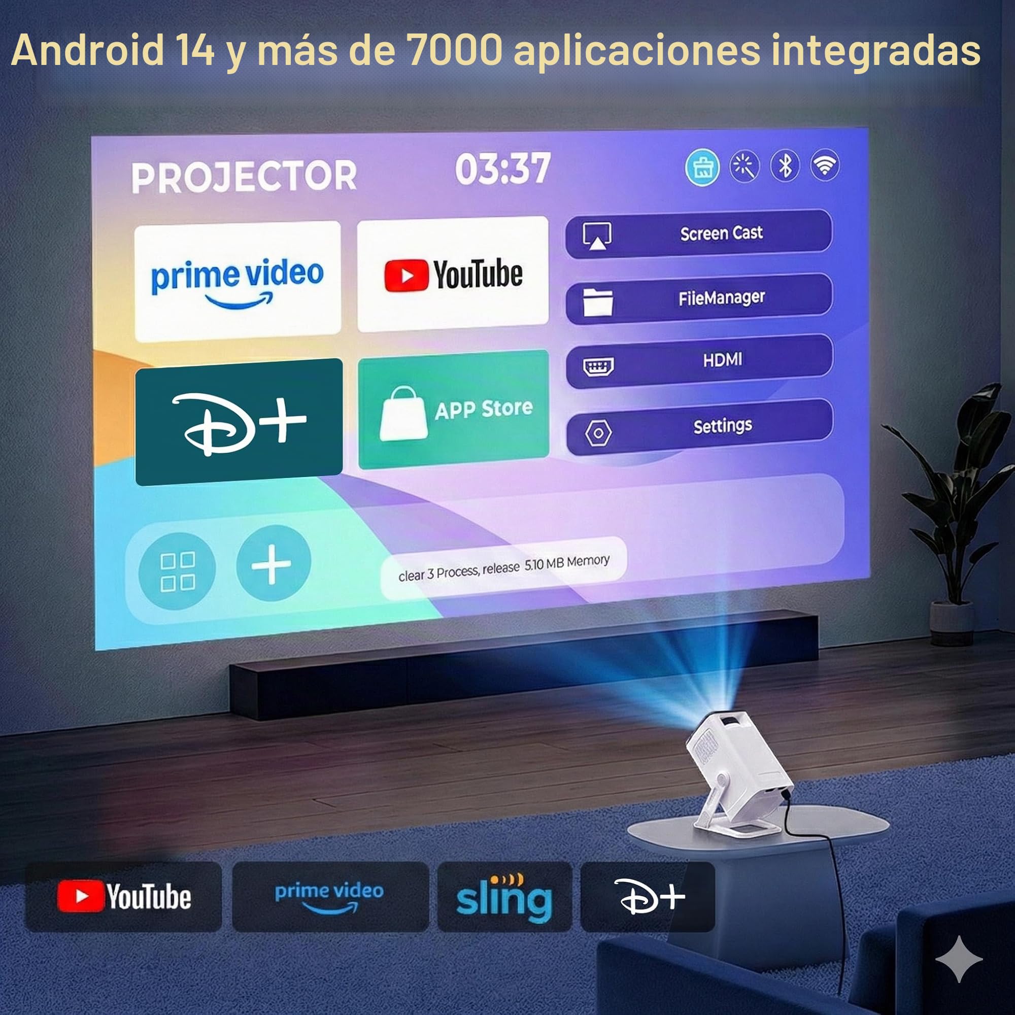 [Apps Integradas & Android 14] Mini Proyector con 5G WiFi 6 Bluetooth 5.4, Soporte 4K 1080P, Auto Keystone, 270° Rotable Projector Portátil Compatibile con HDMI/TV Stick/Laptop/USB/iOS LYNCAST