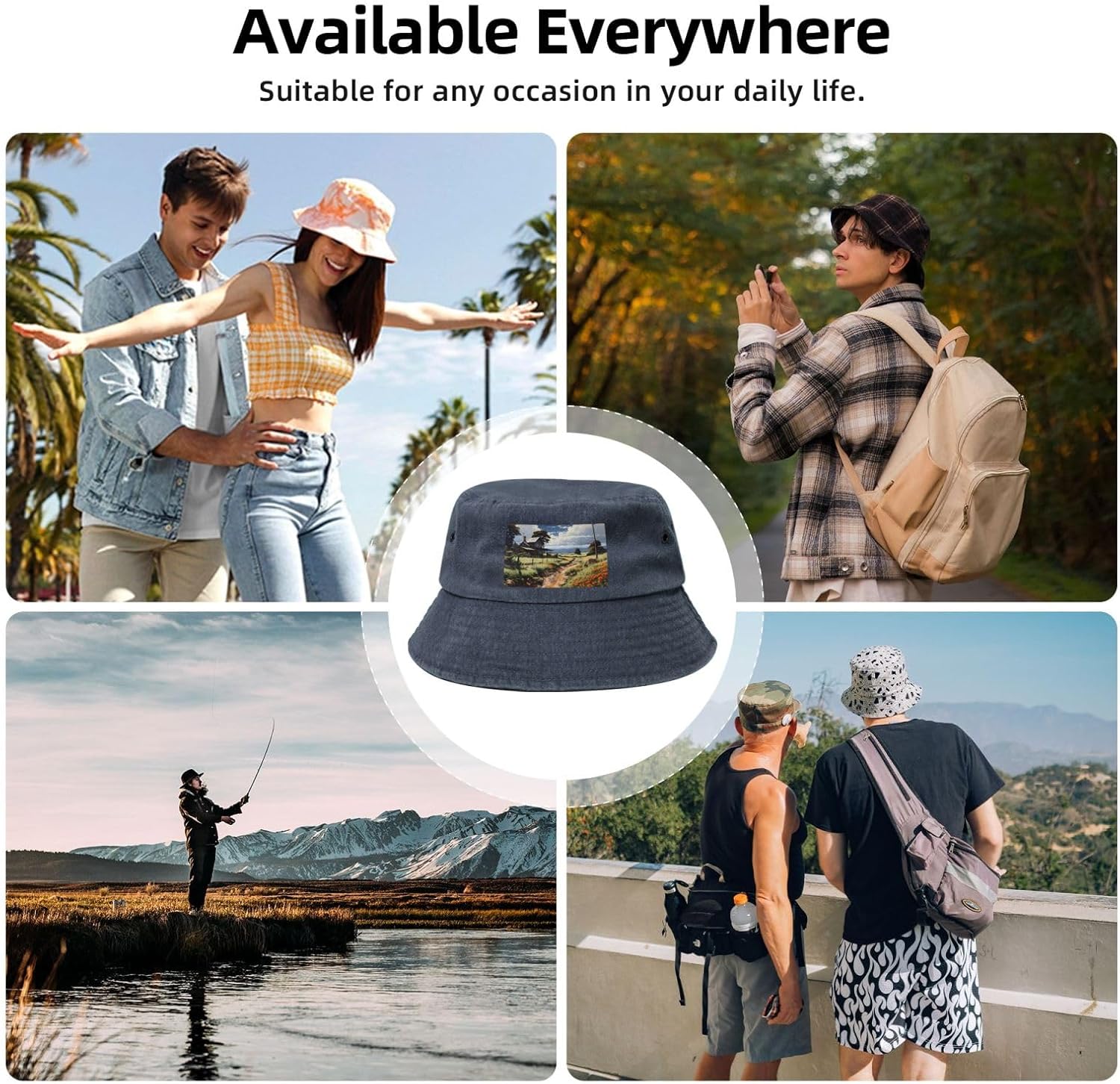 Idyllic Scenery Printed Cowboy Fisherman hat, Suitable for Outdoor Fishing Beach Party Fisherman hat Hip-hop hat, Navy Blue