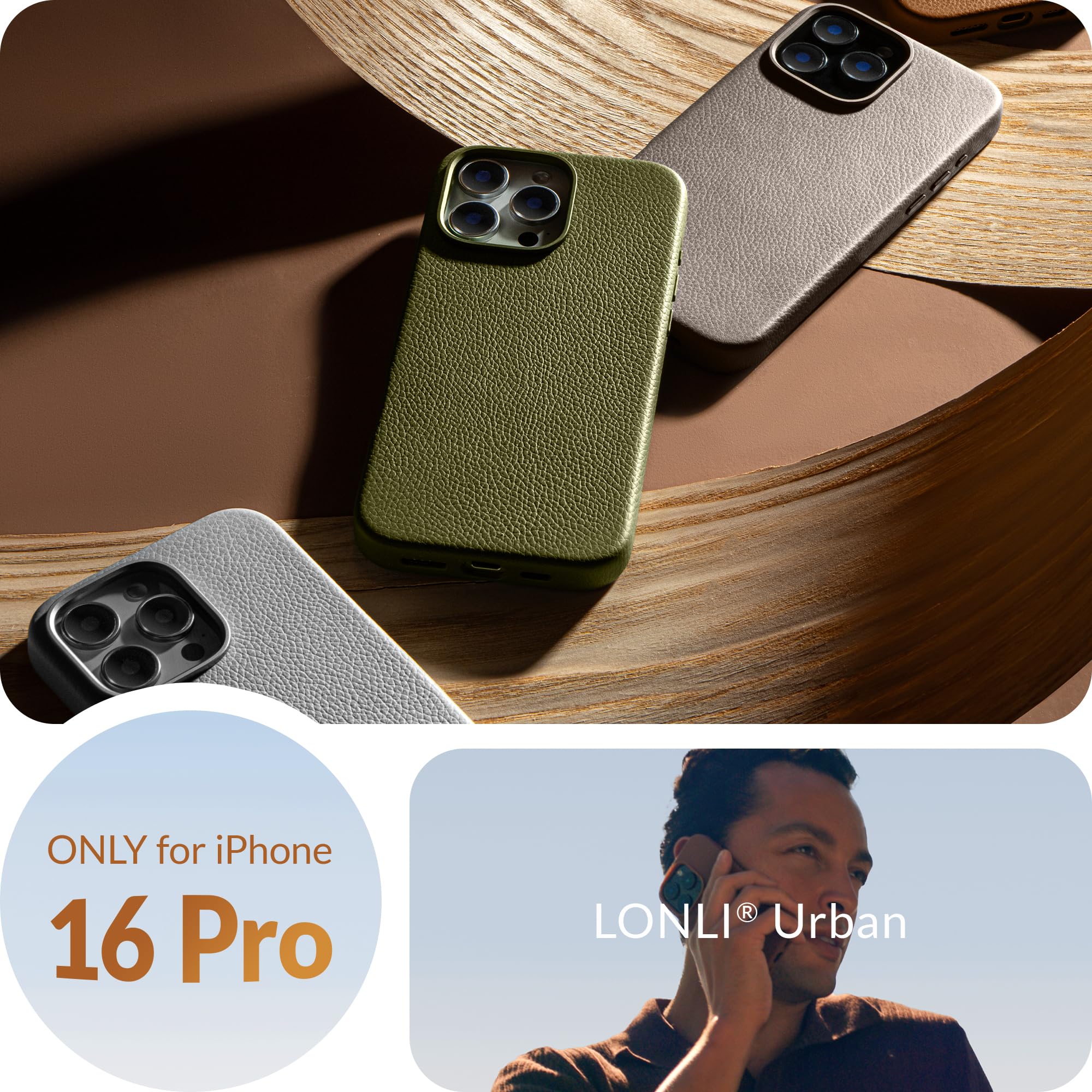 LONLI Urban, for iPhone 16 Pro, European Genuine Pebble Leather Phone Case, European Elegance, Modern Design - Image 2