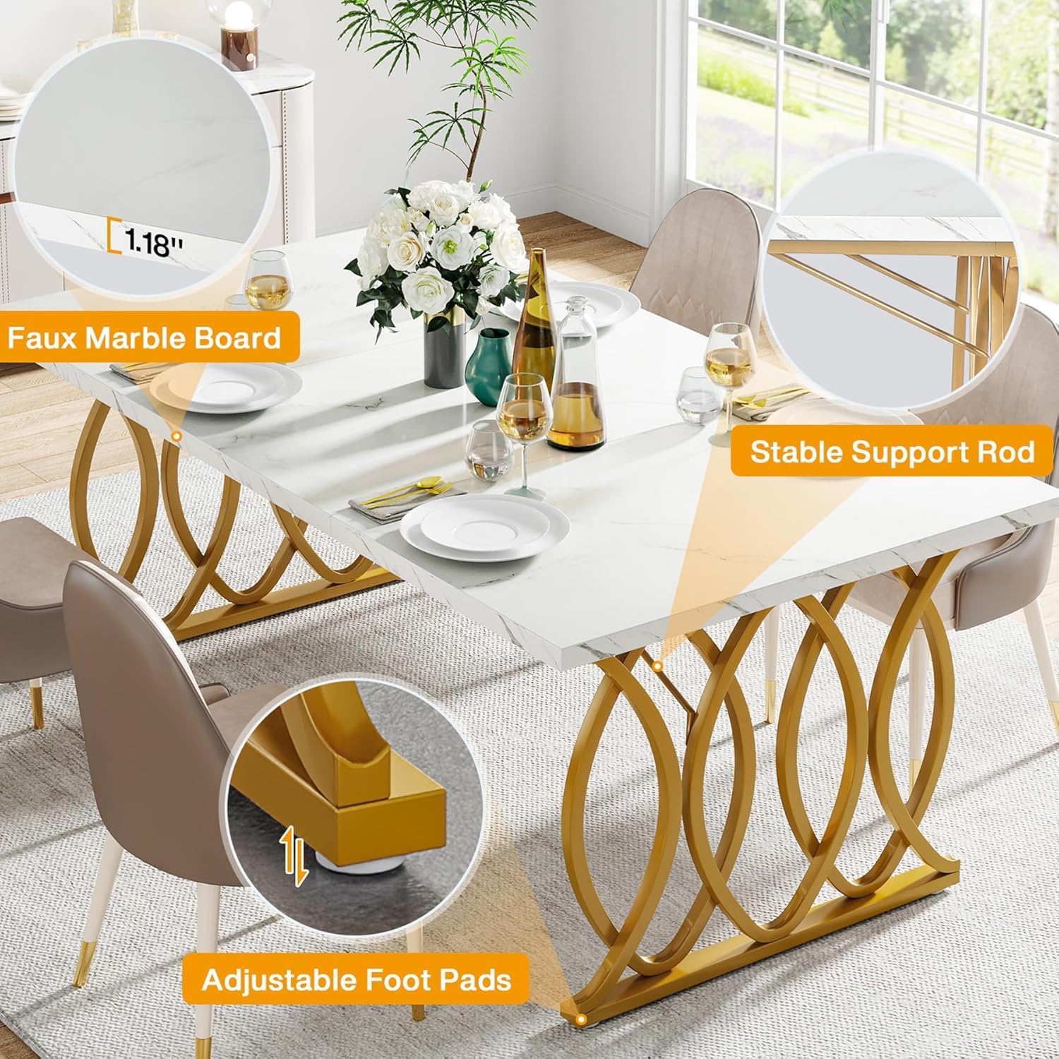 Lailang 160cm Mesa de Comedor, Mesa Rectangular, Muebles Auxiliares Cocina, Mesa Madera Comedor, Mueble Comedor Moderno, 160 x 80 x 75 cm, Blanco y Dorado