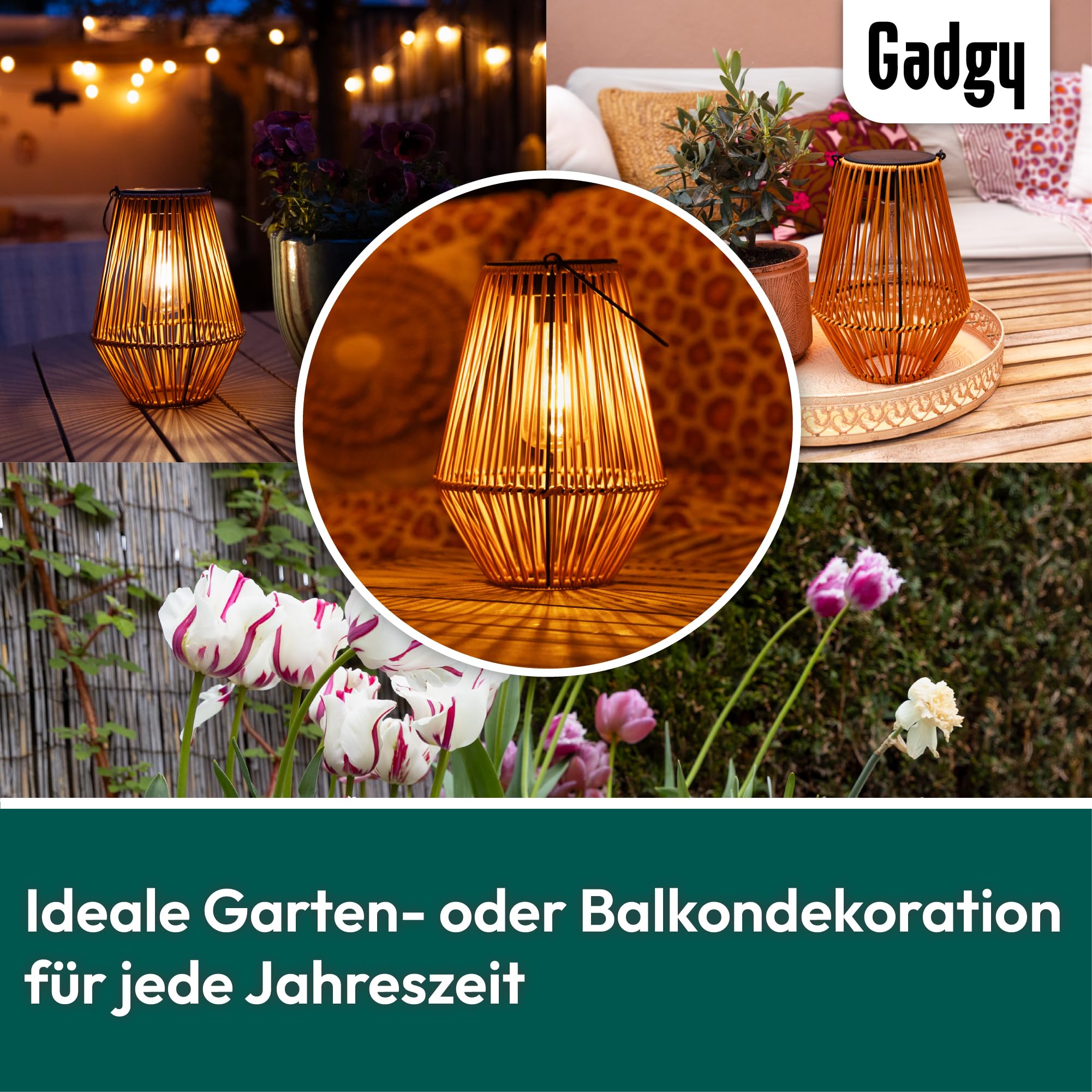 Gadgy Solarlampe für Außen Garten – Wetterfeste Solar Laterne Rattan-Optik Warmweiß LED Dekorative Solarleuchte
