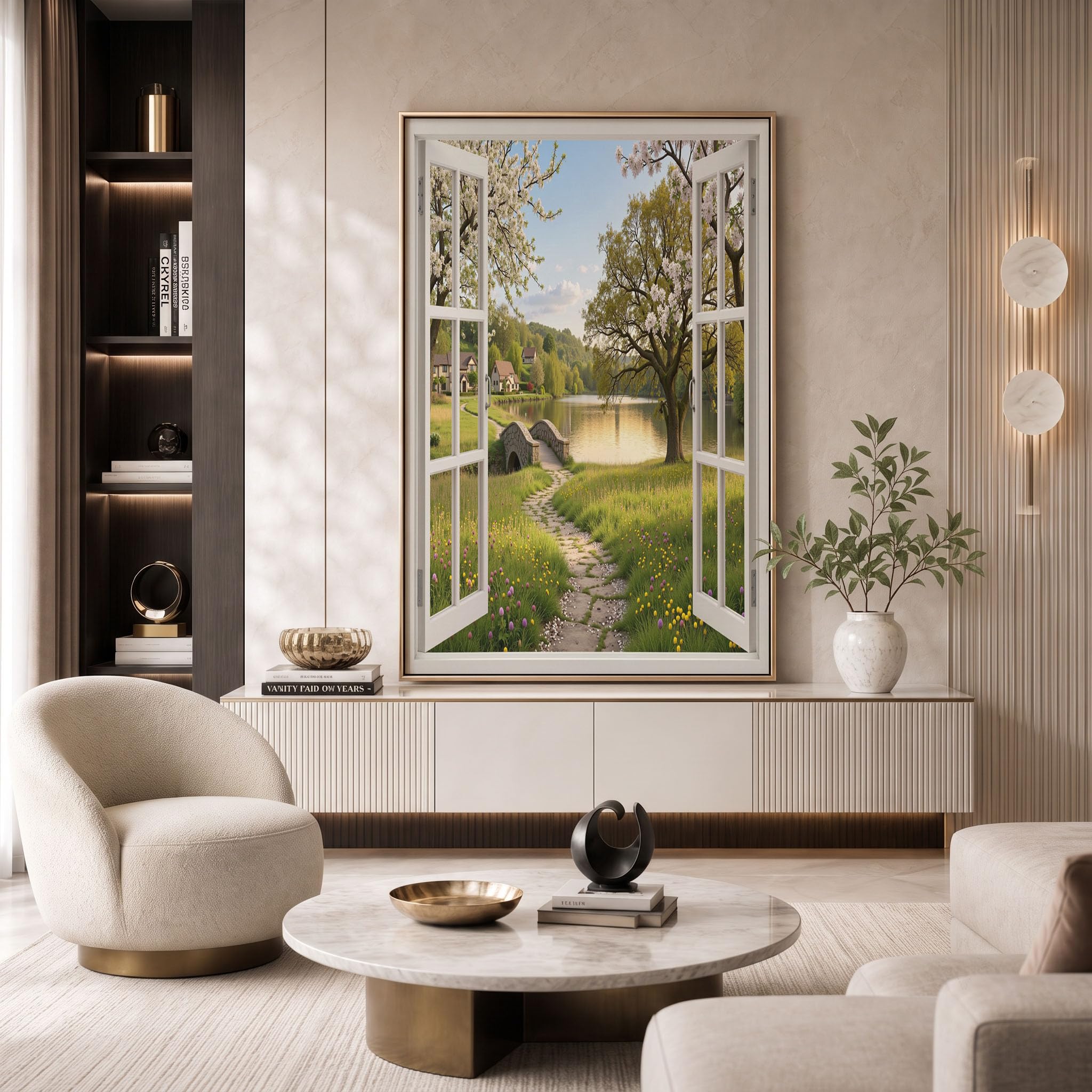 JRISEMECY Sin Marco Cuadros Modernos Verde Vista Desde La Ventana Al Lago Cuadro Decorativos Lienzo Pintura Imágenes Pradera Rural Cabaña Laminas Decorativas Pared Salon Dormitorio Comedor 60X80Cm