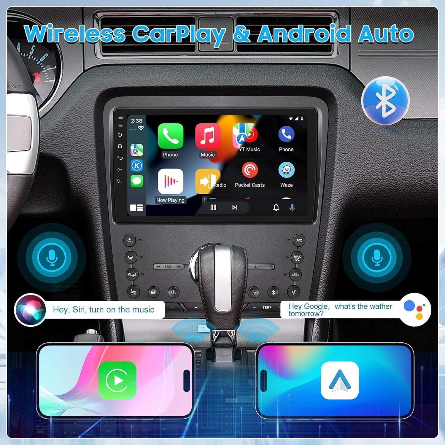 Car Radio Upgrade Dash Kit for Ford Mustang 2010 2011 2012 2013 2014,Wireless CarPlay Android Auto, 2GB+32GB 8 Core Stereo System,10.1 Inch Touch Screen, GPS, Bluetooth, WiFi, SWC,MirrorLink
