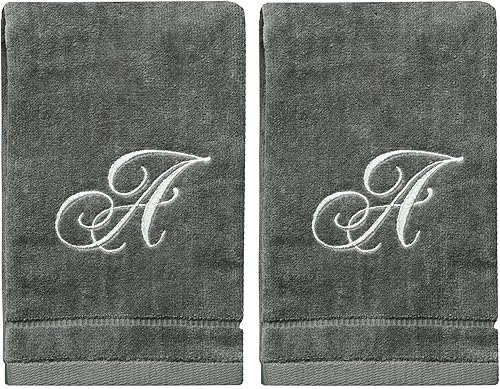 Miniatura 8 de Juego de 2 toallas con monograma, regalo personalizado, 11 x 18 pulgadas, juego de 2 toallas bordadas plateadas, extra absorbentes, 100% algodón,