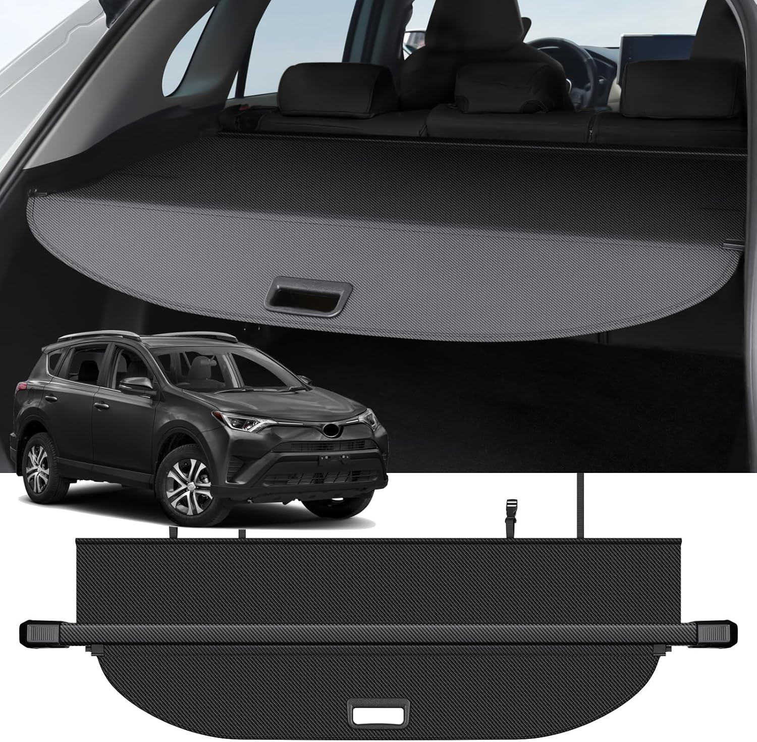 Cargo Cover Compatible with Toyota RAV4 2018 2017 2016 2015 2014 2013 Accessories Carbon Fiber Texture Retractable Trunk Cover Security Shield Luggage Privacy (Carbon Fiber Texture)