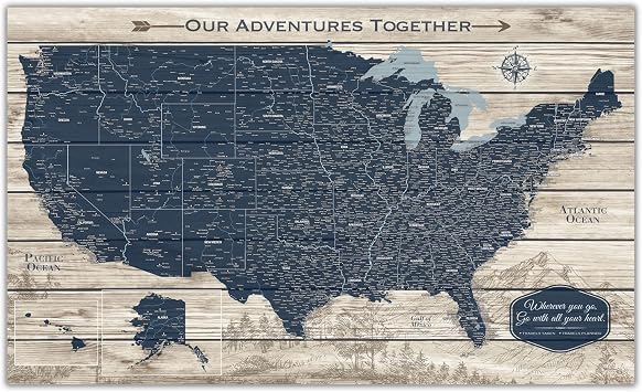 HolyCowCanvas Personalized United States Push Pin Travel Map on Canvas with Rustic Woodgrain Background, National Parks, Deep Navy United States Map with Push Pins, Gift for People Who Travel Gift