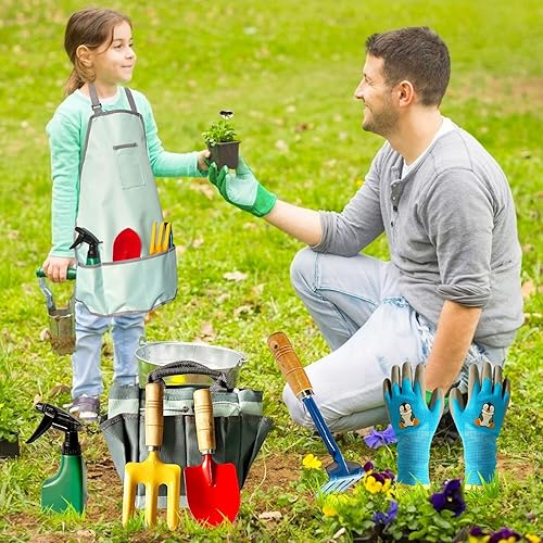Miniatura 8 de IELEK El juego de herramientas de jardín para niños incluye rastrillo, pala, pala, pala, guantes de delantal, regadera y bolsa de mano, sombrero