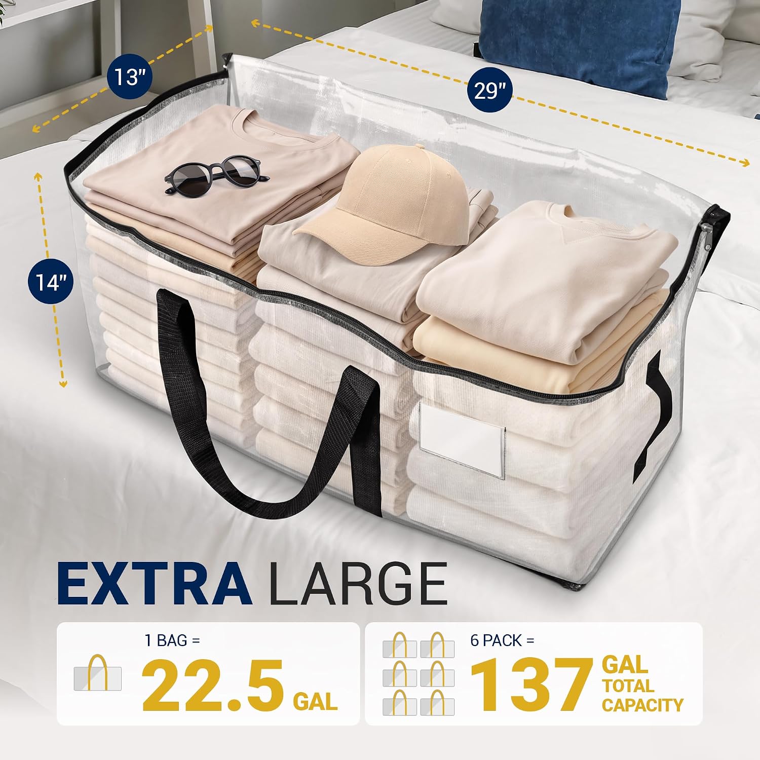 Reli. Moving Bags Heavy Duty (6 Pack) | Extra Large Totes for Storage & Packing | Small Space & Dorm Room Essentials | Packing Bags with Handles & Zippers | Alternative to Moving Boxes (Clear)