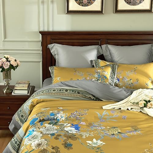 mixinni King Size Duvet Cover Set - 3PC Garden Style Long Staple Cotton Golden Floral Bedding, Chinoiserie Chic Botanical Print, Reversible Design, Zipper Closure, Soft & Breathable for Him & Her