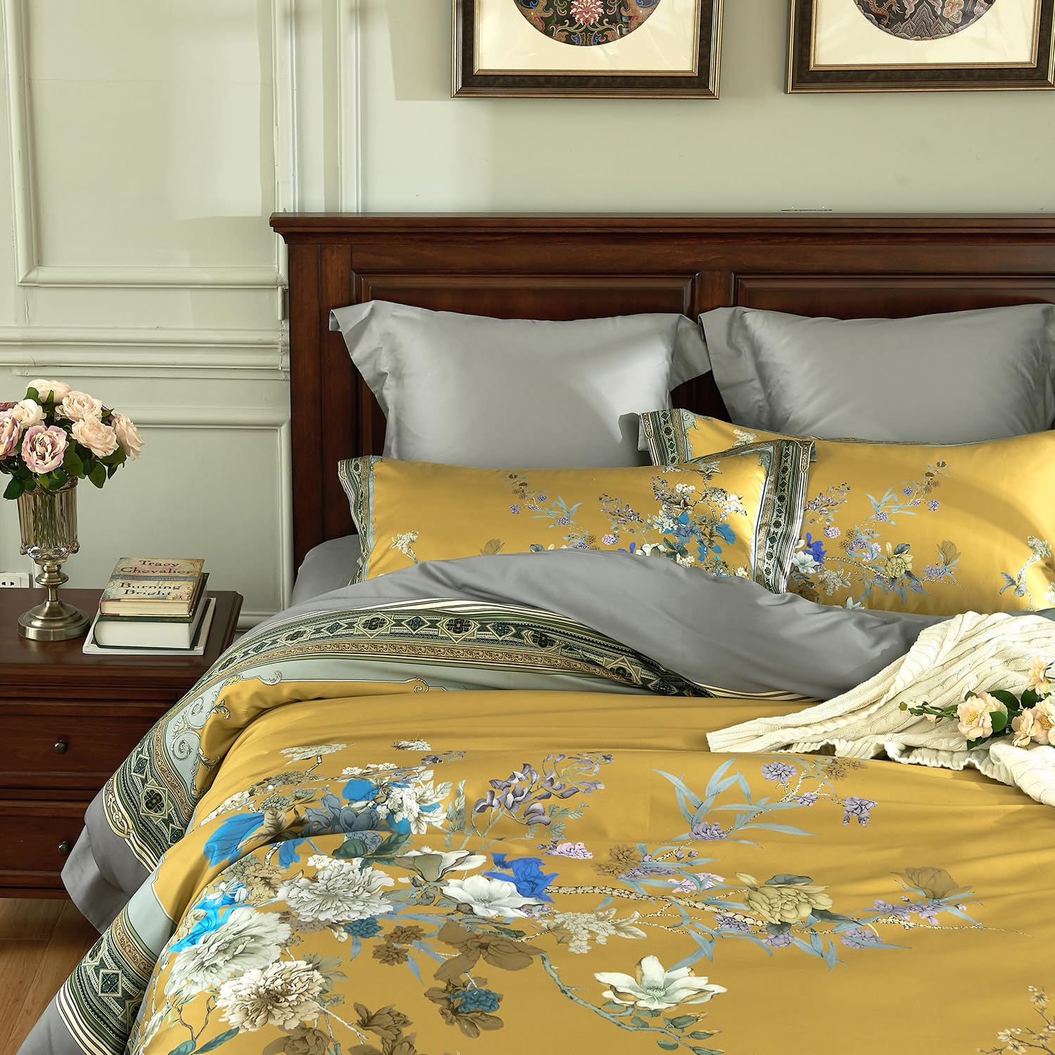 mixinni King Size Duvet Cover Set - 3PC Garden Style Long Staple Cotton Golden Floral Bedding, Chinoiserie Chic Botanical Print, Reversible Design, Zipper Closure, Soft & Breathable for Him & Her