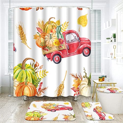 ArtSocket Juego de 4 cortinas de ducha de color rojo otoñal, camión de granja con hojas de arce que caen, temporada de cosecha, con alfombras