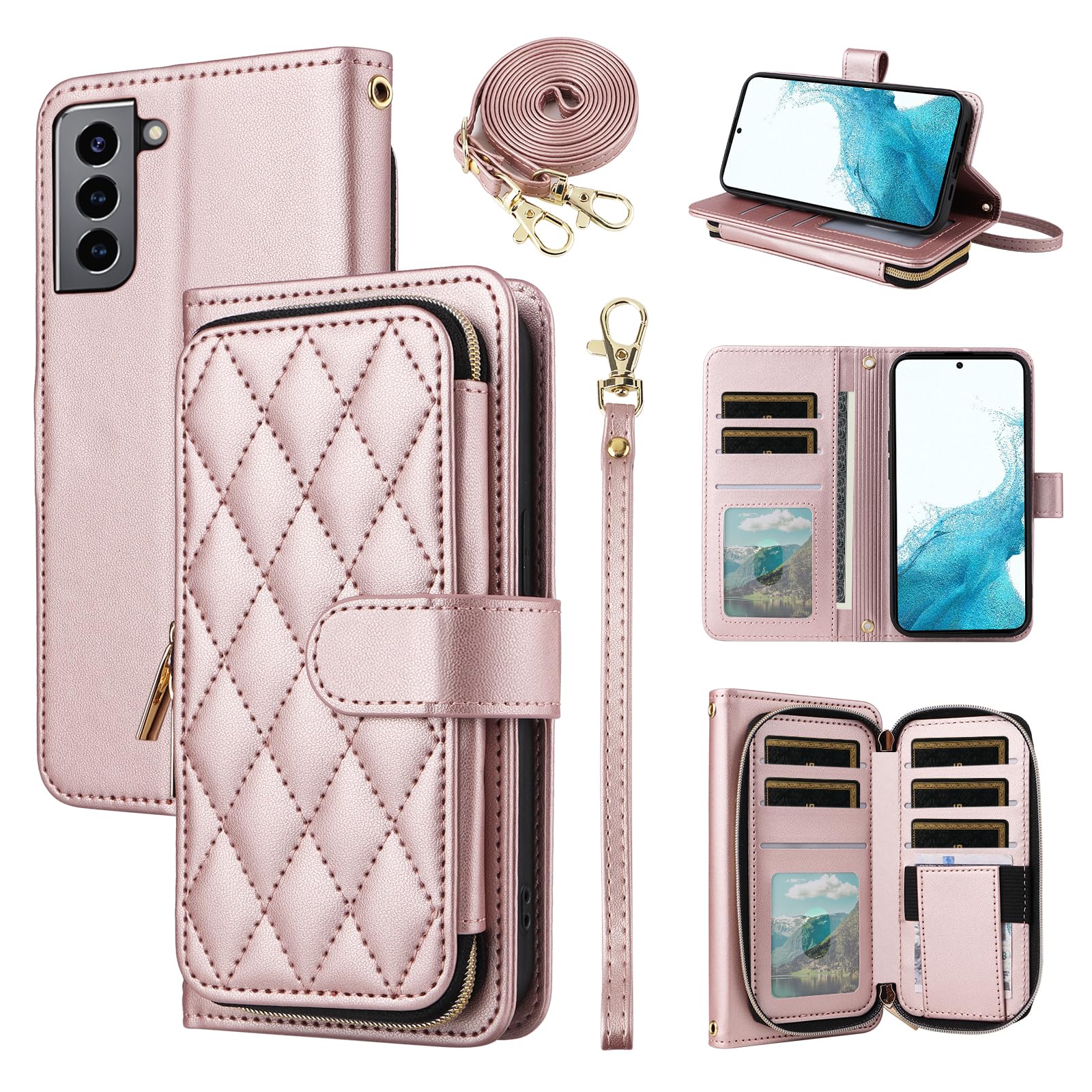 Furiet Wallet Case for Samsung Galaxy S21 FE 5G with Wrist Strap, 9+ Card Slots Zipper Purse, Luxury PU Leather Stand Full Body Phone Cover for S 21