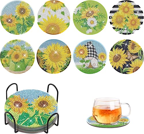 NASHARIA Posavasos de pintura de diamantes 8 posavasos de arte de diamantes y posavasos de girasol 5D DIY, kits de pintura de diamantes con soporte