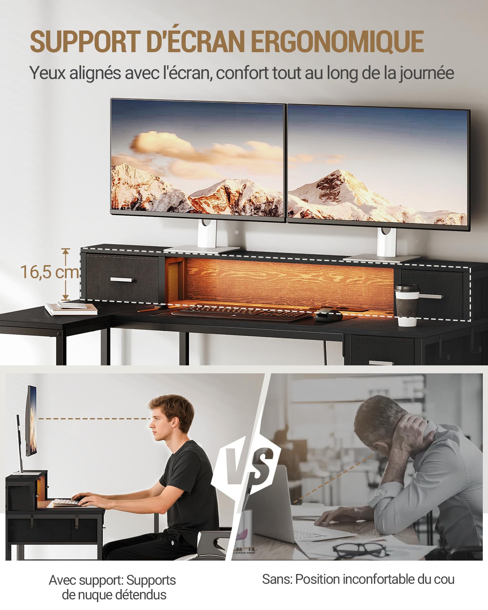 Hzuaneri Bureau Gaming L-LED 132x80cm Noir