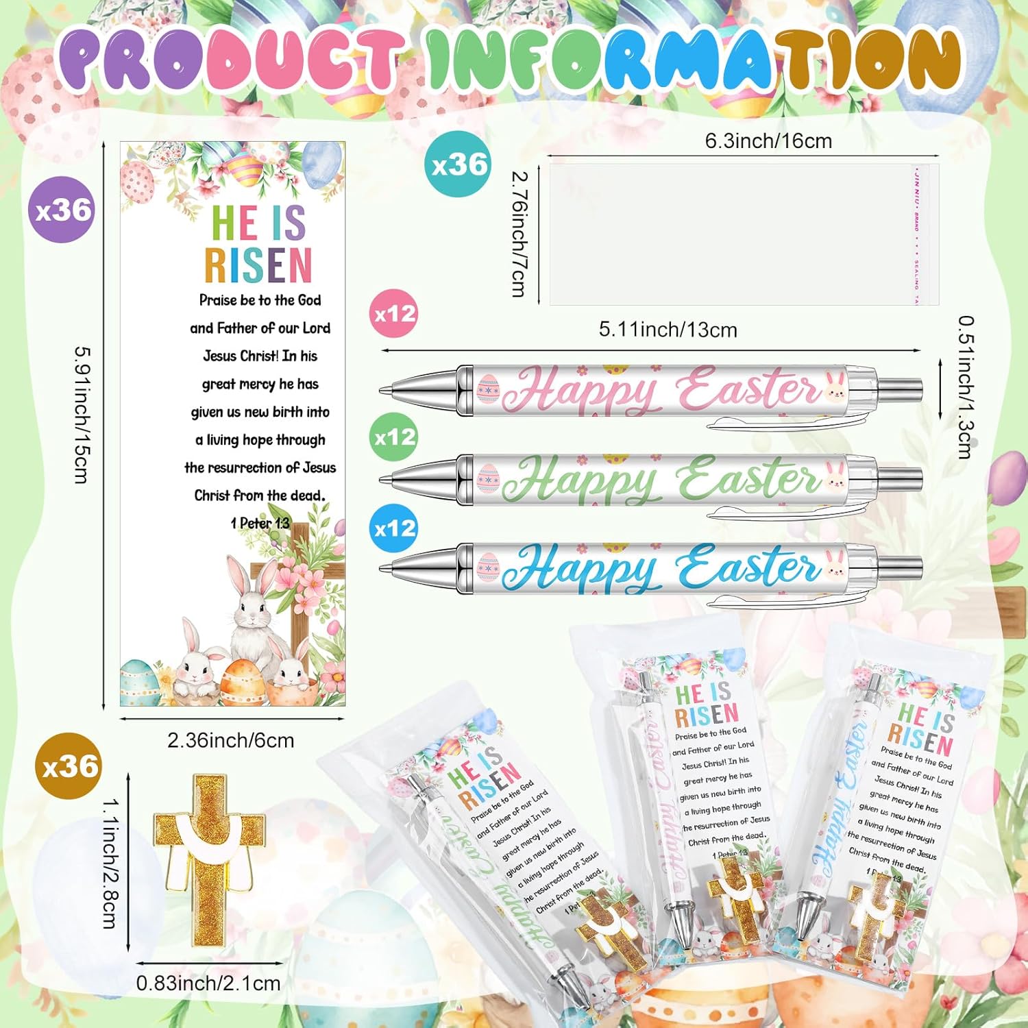 Ceenna 144 Pcs Easter Gifts Bulk Include Happy Ballpoint Pens Gold Cross Pins Christian Blessing Bookmarks, Easter Party Favors for Office Coworkers Friends