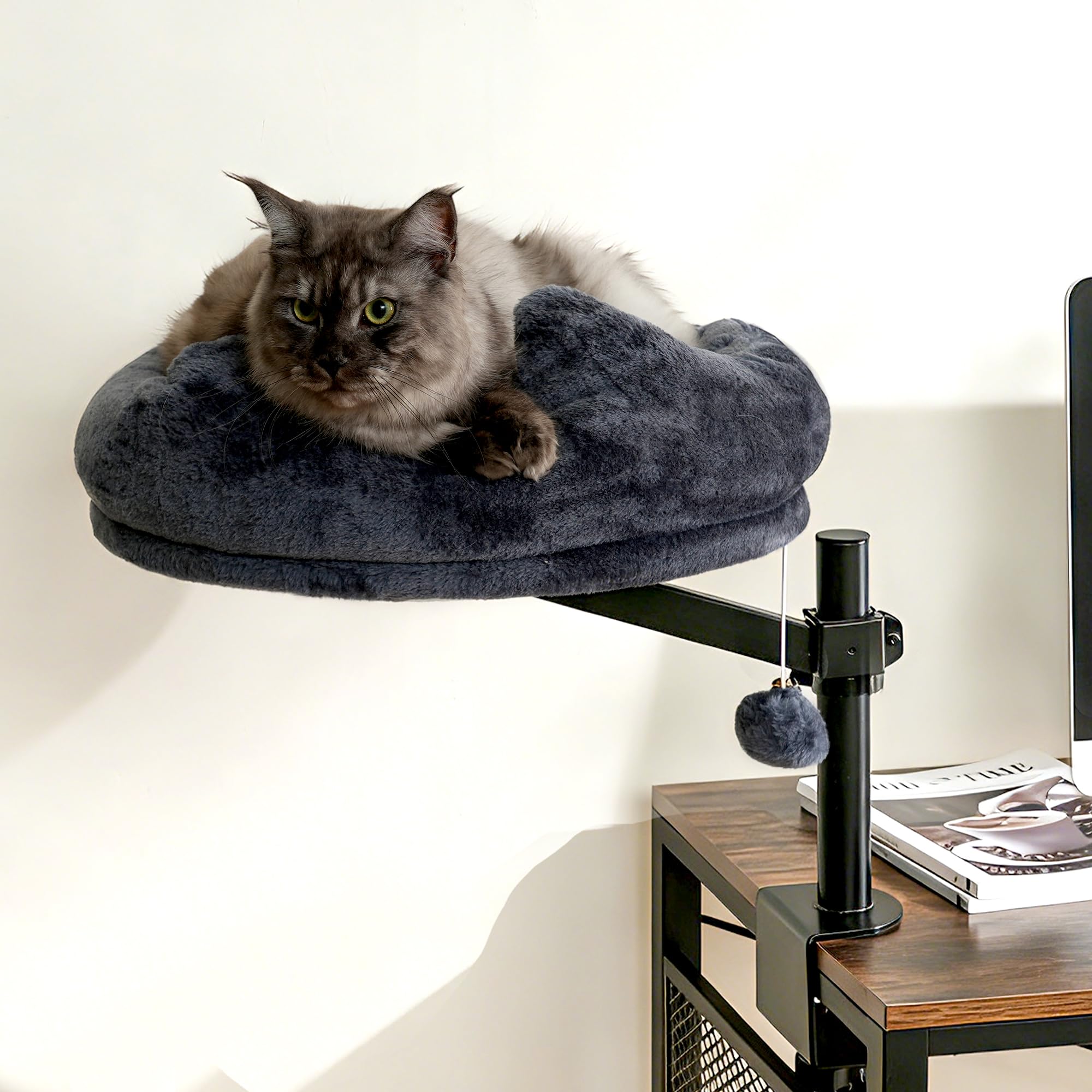Katzenbett Schreibtisch, 360° Drehung Hängebett für Katzen Höhenverstellbar, Katzenhängematte Katzenkorb zum schlafen, Hält Kätzchen Katze nah und Arbeitsbereich (Dunkelgrau)