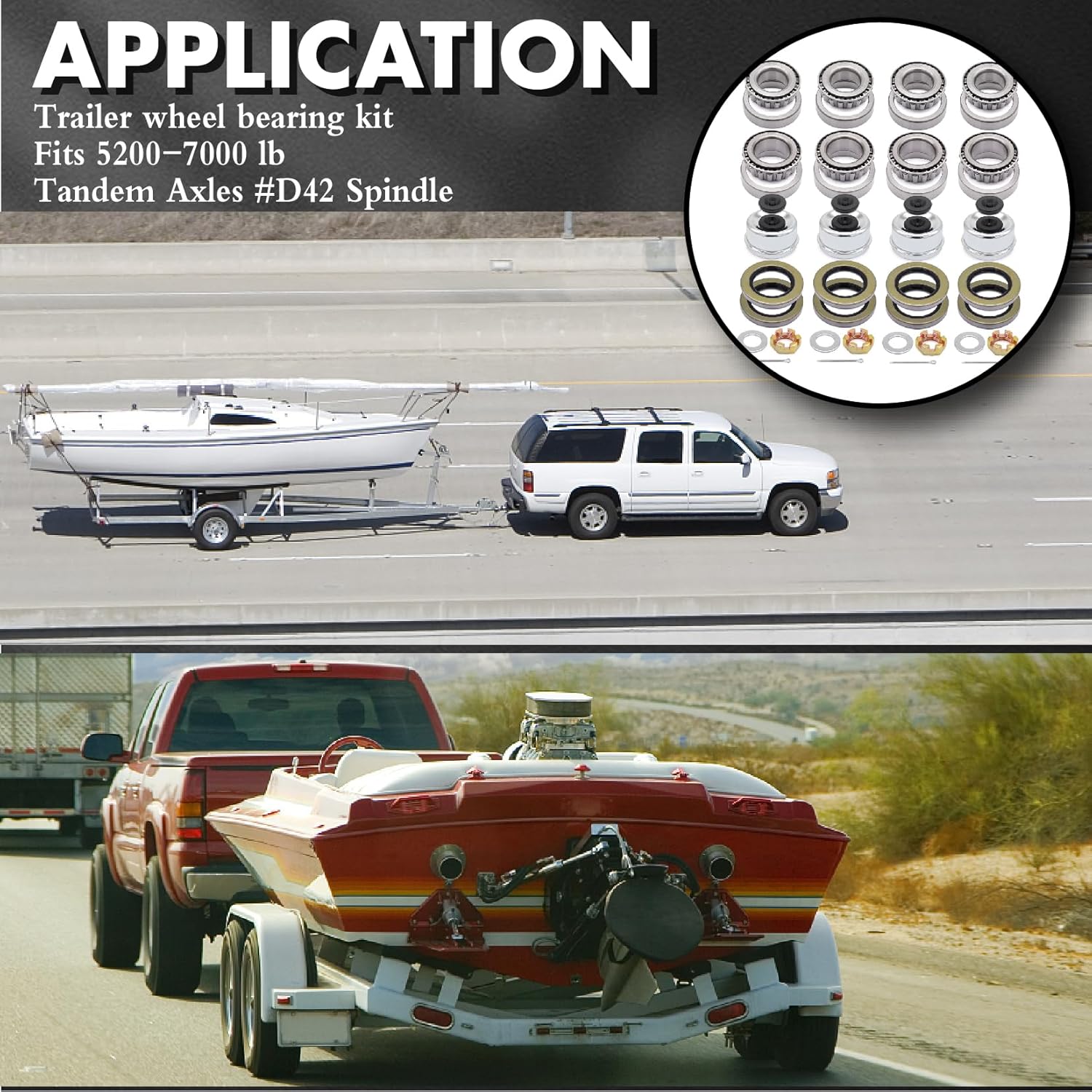 25580 14125A Trailer Bearing Kit for #D42 Spindle - Fits 1.25" & 1.75" Tandem Axles (5200-6000 lb) | 4 Sets Complete Hub Kit with 2.72" Dust Covers, Double Lip Seals & Spindle Nuts