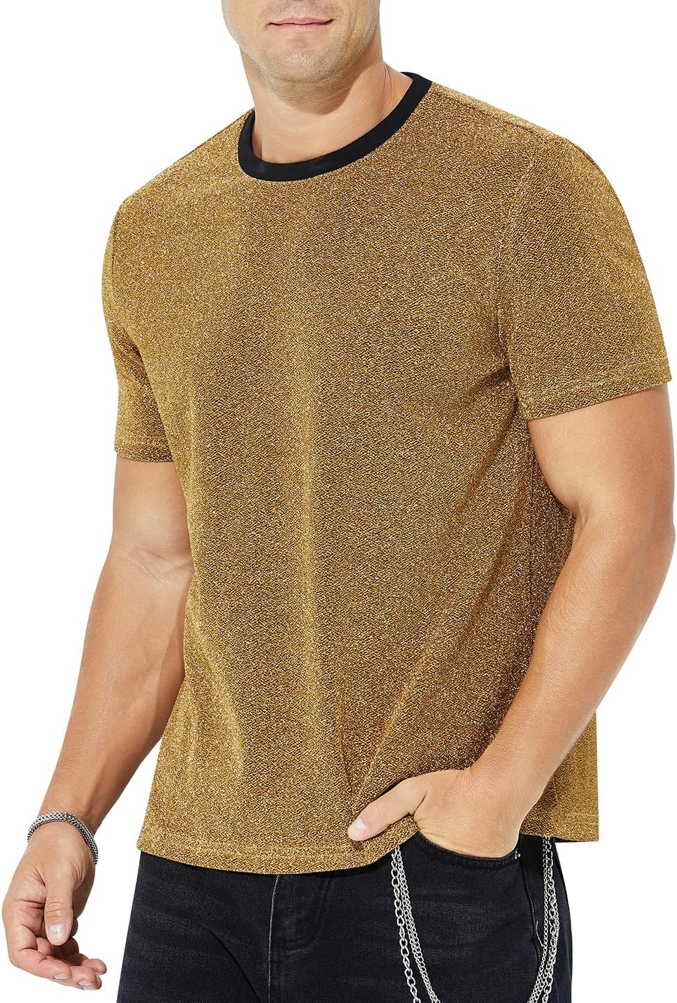 Arjen Kroos Men's Sparkle Party T-Shirt Glitter Stage Top with Comfort Lining for Nightclub & Street Style