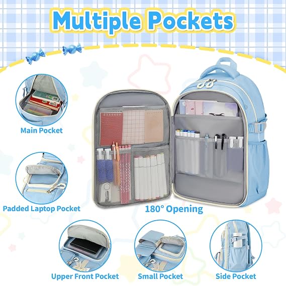 Girls Backpack with Lunch Box Set, 4 PCS Blue Cute Kawaii School Bookbag