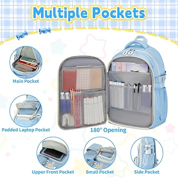 Girls Backpack with Lunch Box Set, 4 PCS Blue Cute Kawaii School Bookbag