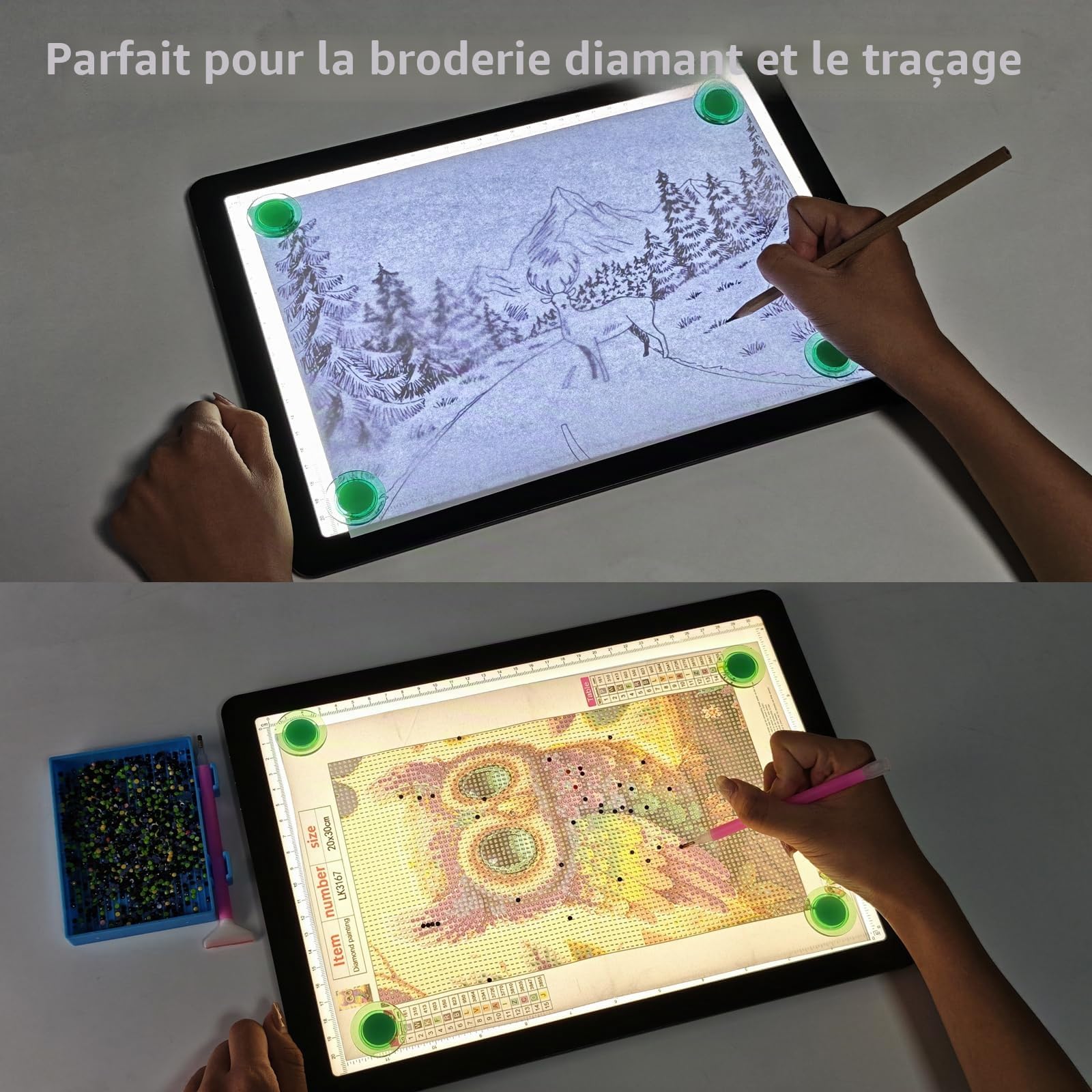 TOHETO A4 rechargeable Tableau lumineux avec support, bloc lumineux magnétique super lumineux avec boutons latéraux, boîte à lumière sans fil pour le traçage et le dessin, croquis, peinture diamant