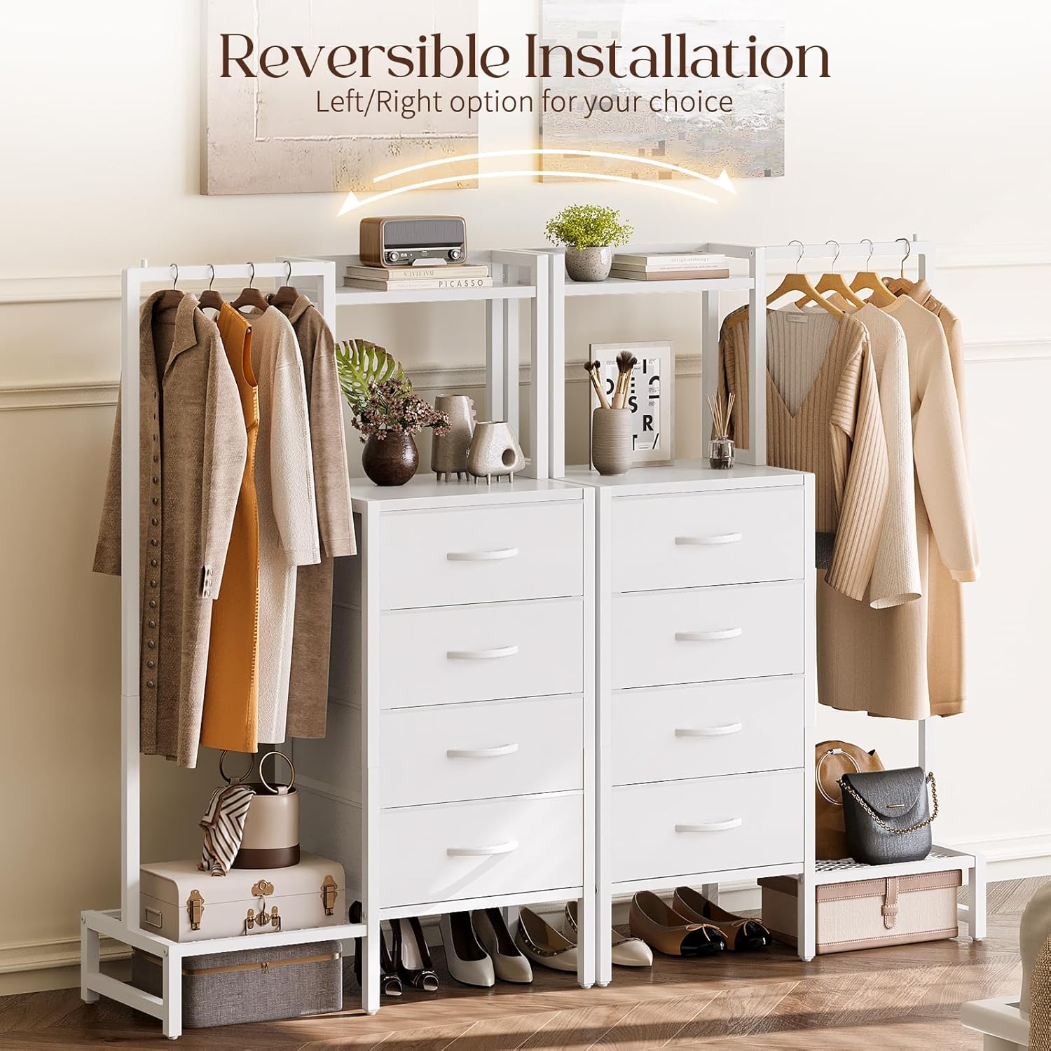 Yoobure White Dresser with Hanging Rack - Small Dresser for Bedroom with 4 Drawers, 44'H Chest of Drawers, Reversible Kids Dressers with Storage Shelf, Closet Dressers with Clothes Rack, Sturdy Frame - Image 5