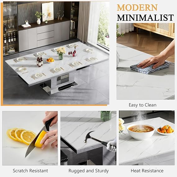94 in Large Extendable Dining Table for 6 8 10, White Marble Pattern Top & Silver Mirrored Base, 3 Position Expansion 63 to 94, Modern Luxury Expandable Dining Room Table for Dinner Family Gathering