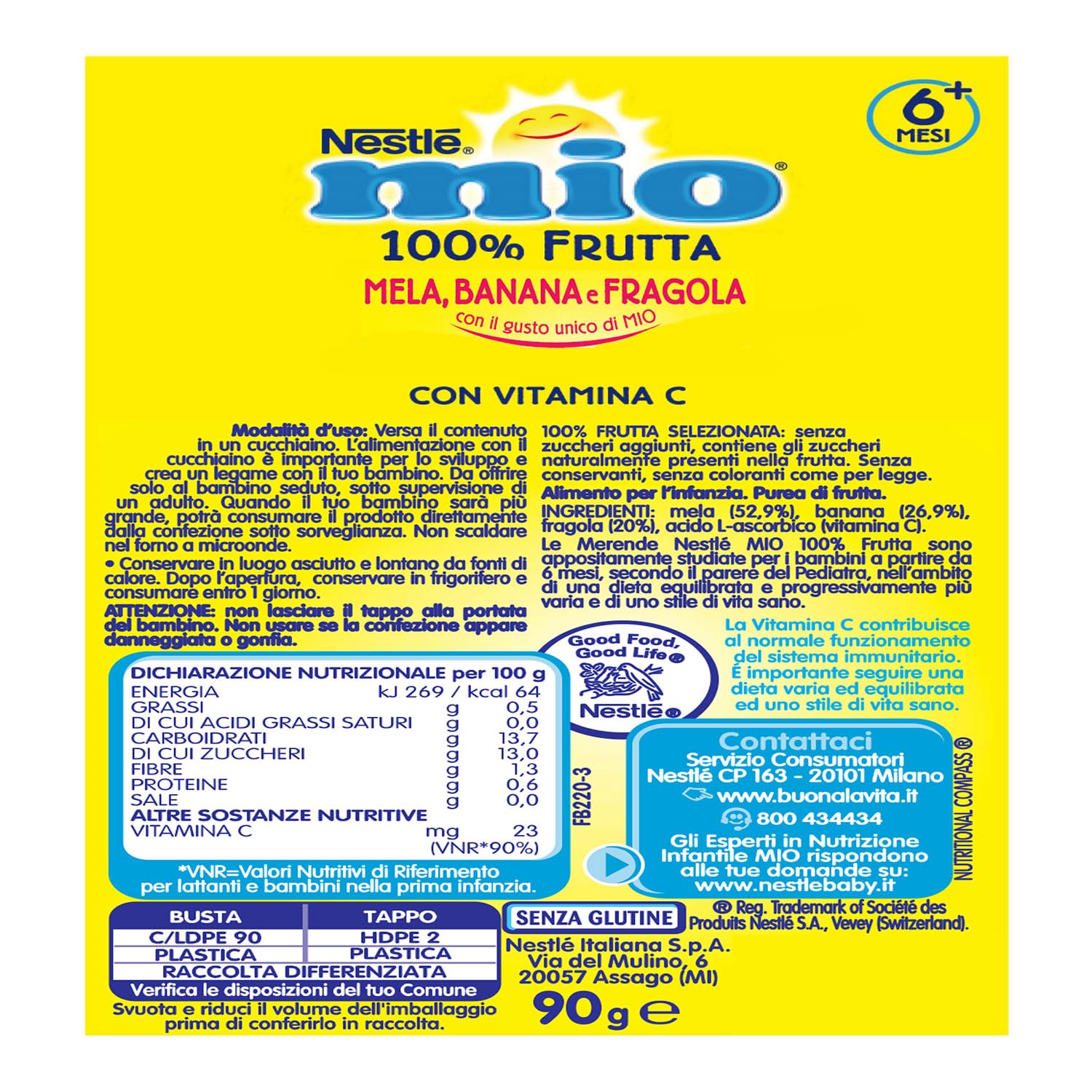 NESTLÉ MIO Merenda 100% Frutta Fragola Banana e Mela da spremere, 16 Pouch da 90ml (1,44L)