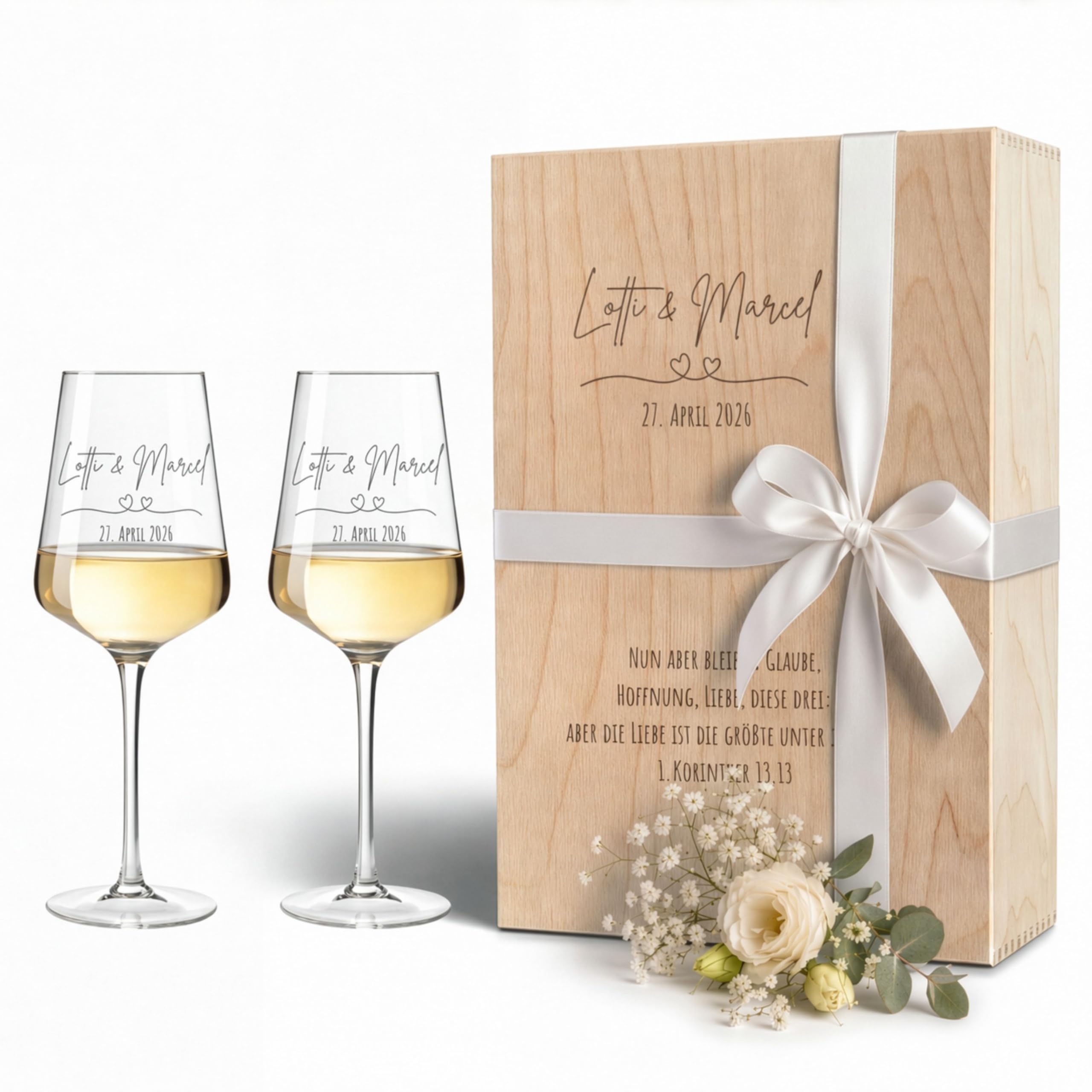 Leonardo Puccini Weingläser mit Gravur 2er Set inkl. Holzkiste, Geschenkband - personalisierte Geschenke Hochzeit, personalisierte Hochzeitsgeschenke mit Namen, graviertes Weinglas für Brautpaar