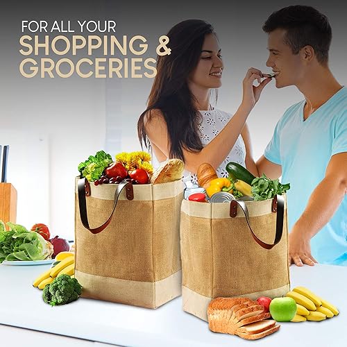 Miniatura 7 de EXULTIMATE Bolsa de mano con correas de piel sintética, reutilizable, arpillera para compras, paquete de 2 unidades, Farmers Market yute plegable