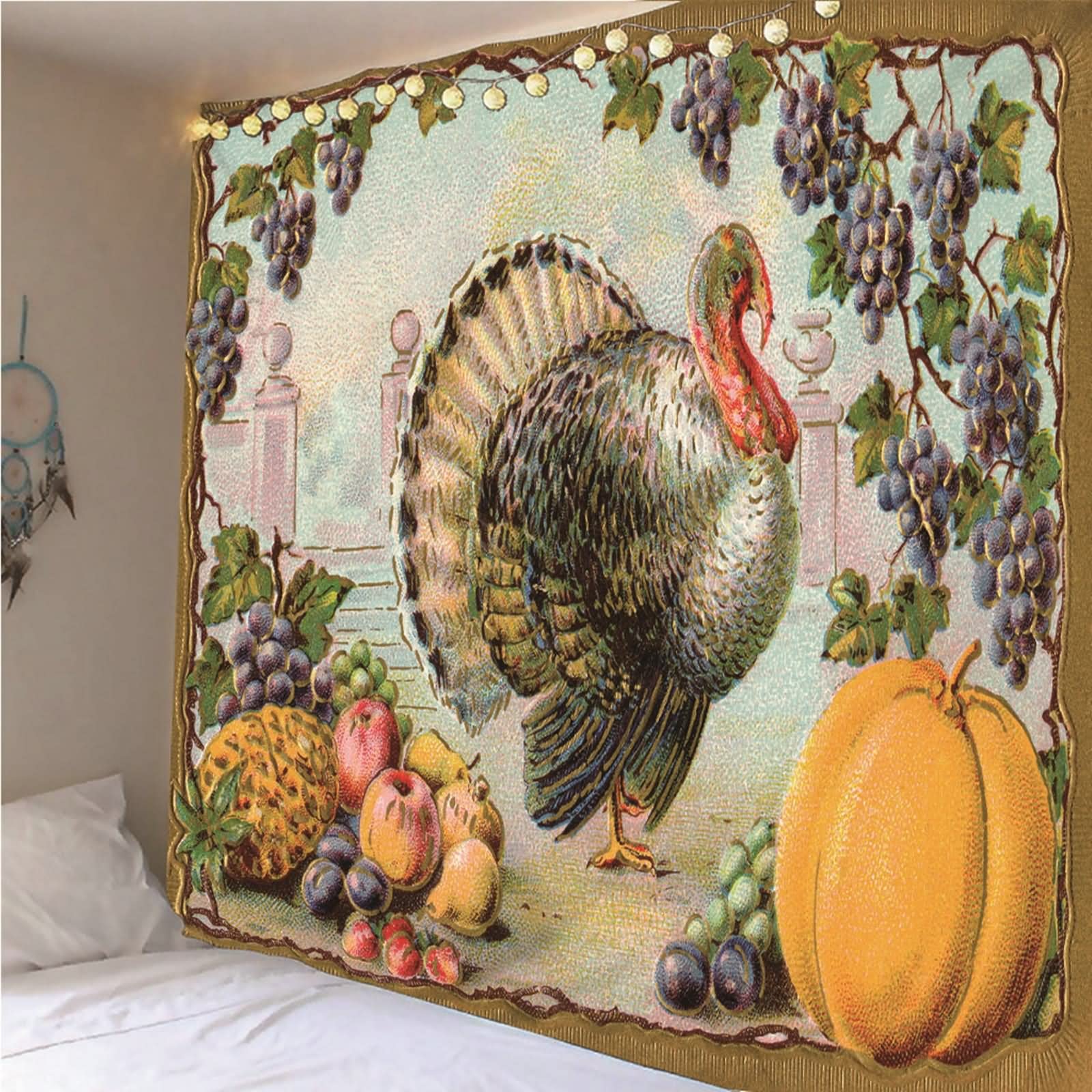 Aotiwe Uroczy gobelin, dekoracje ścienne do sypialni owoce i indyk poliester wielokolorowy 350 x 256 cm do wnętrz