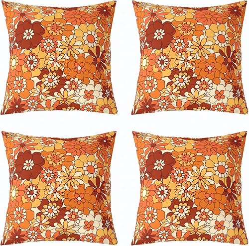 Paquete de 4 fundas de almohada florales bohemias de 20 x 20 pulgadas, fundas de cojín retro con flores geniales de los años 60 y 70, fundas de