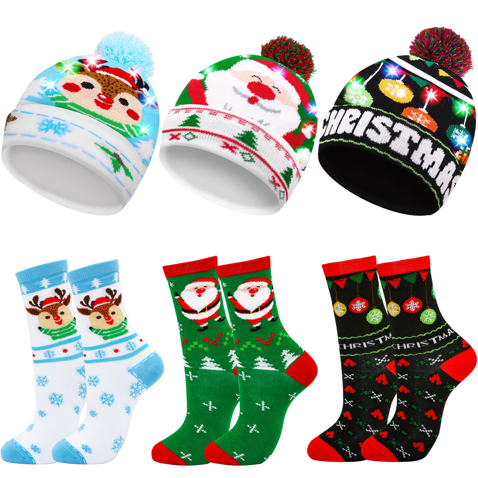 MGpartyChristmas Hats Socks Winter LED Costume Light Up Beanie Knit Hat Crew Sock Holiday Party Favors for Adults Kids