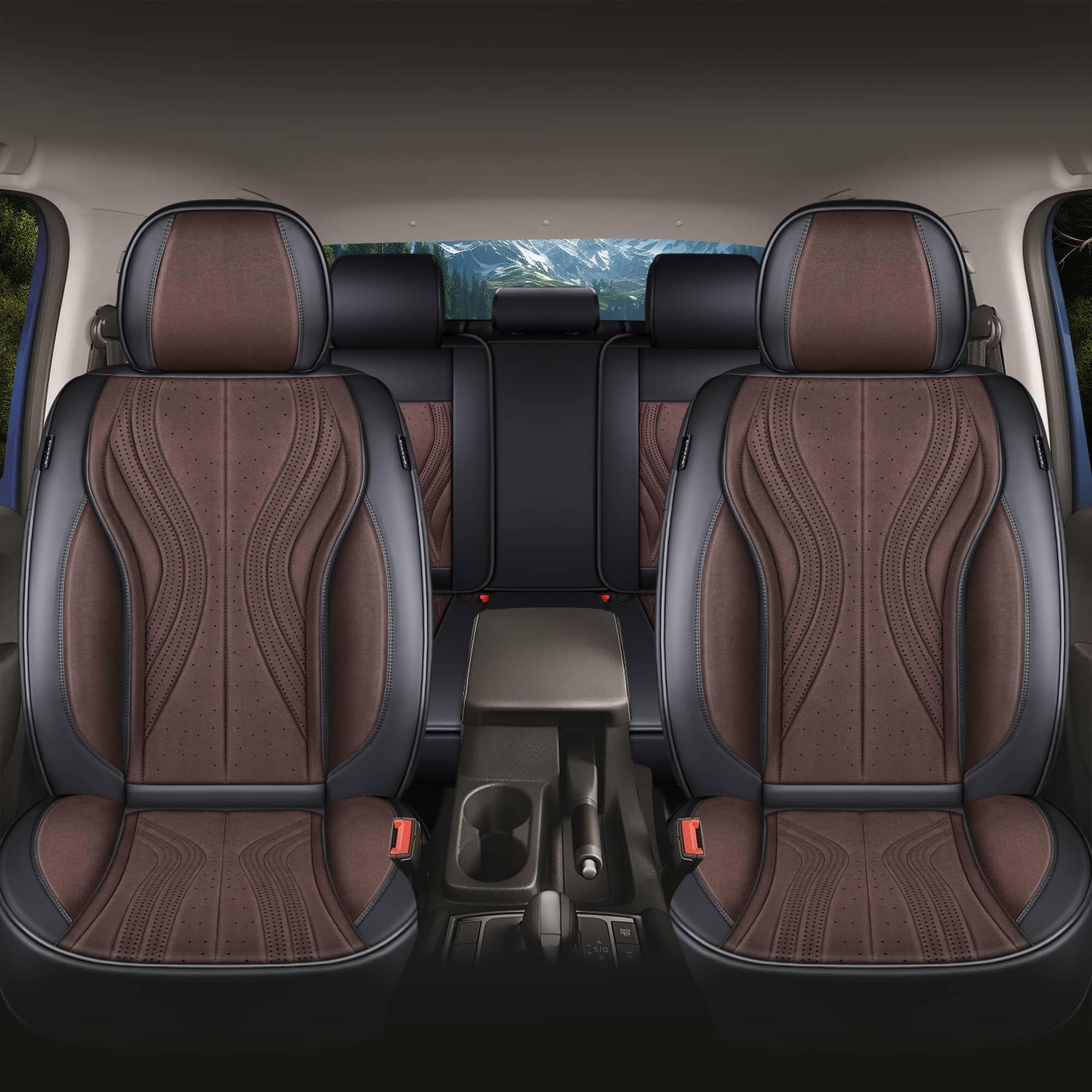 Autositzbezüge Universal für PKW & SUV – Premium Schonbezüge Komplettset Schwarz/Braun, hochwertig verarbeitet für mehr Sitzkomfort, Airbag-kompatibel Sitzauflage, für Vorder- und Rücksitze