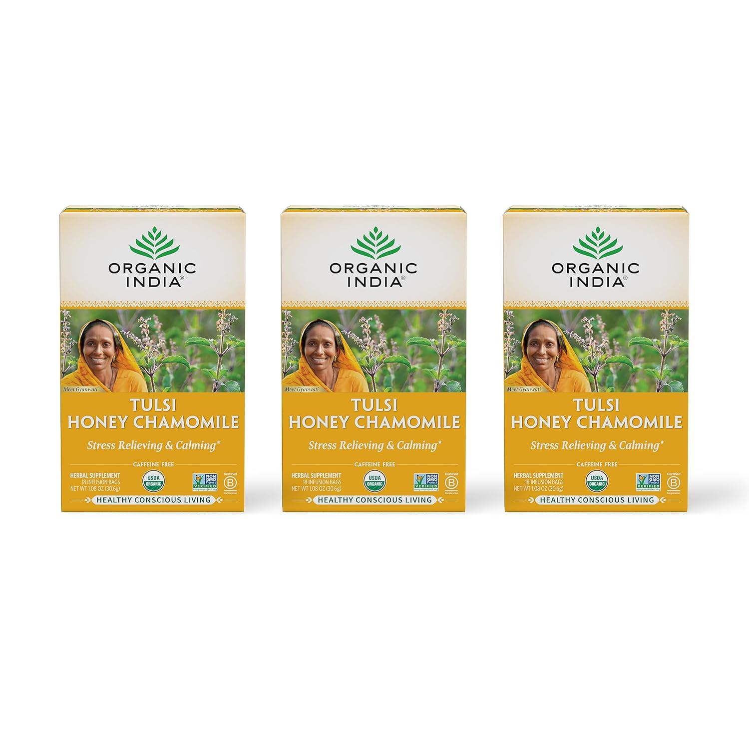 ORGANIC INDIA Tulsi Honey Chamomile Tea Bags - Herbal Tea for Stress Relieving & Calming, USDA Certified Organic, Caffeine Free - 18 Tea Bags, 3 Pack