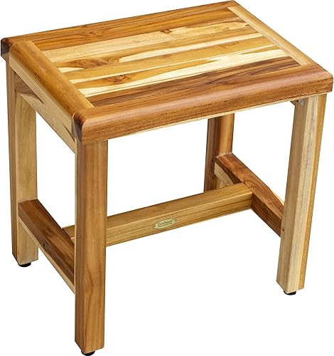 EcoDecors Teak Shower Bench Eleganto Natural Wooden Seat Shower Stool Wood Shower Foot Bench in Earthy Teak Finish - 18 inches Length