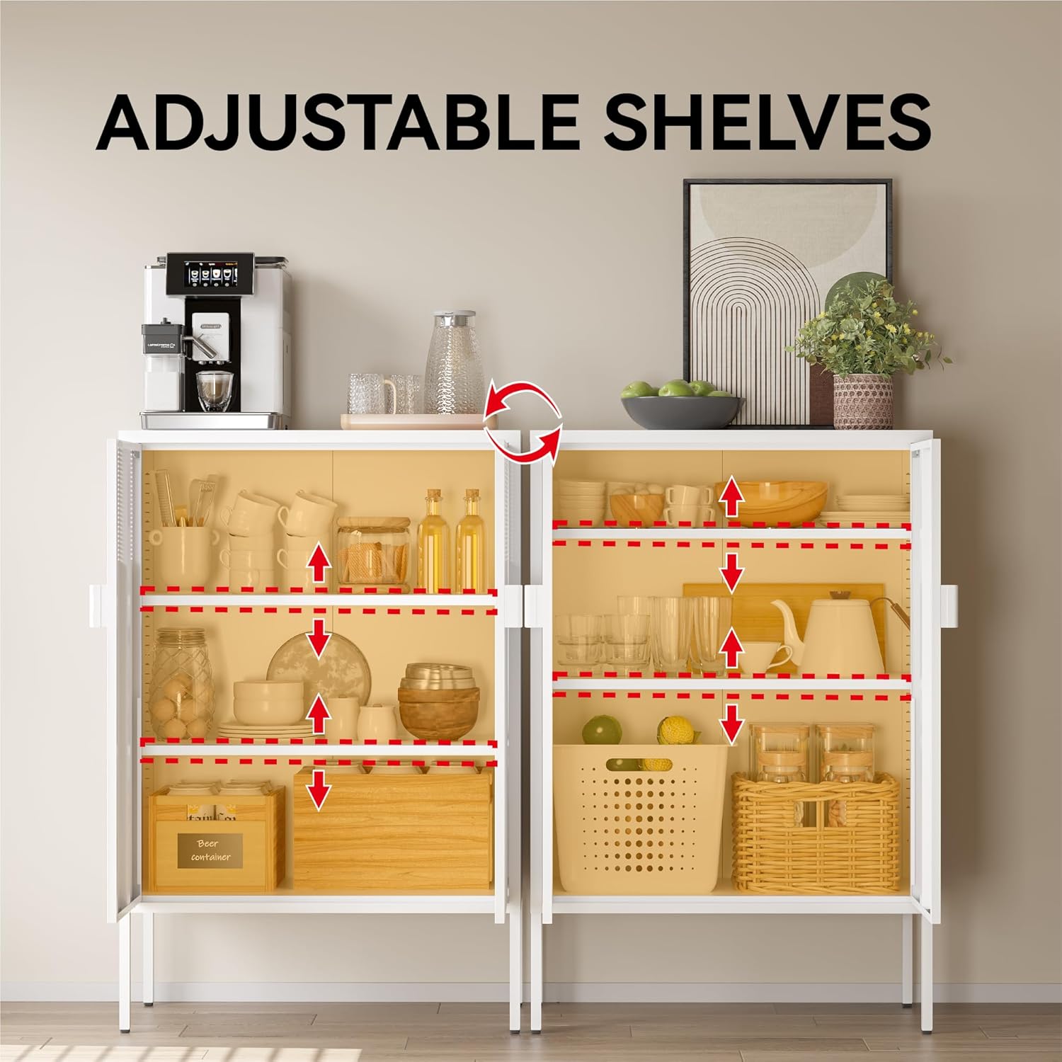 COFaR White Metal Storage Cabinet with Adjustable Shelves, 47”H Modern Buffet Sideboard & Coffee Bar Cabinet with Magnetic Doors, Ventilated Steel Organizer for Kitchen, Dining Room, Home Office