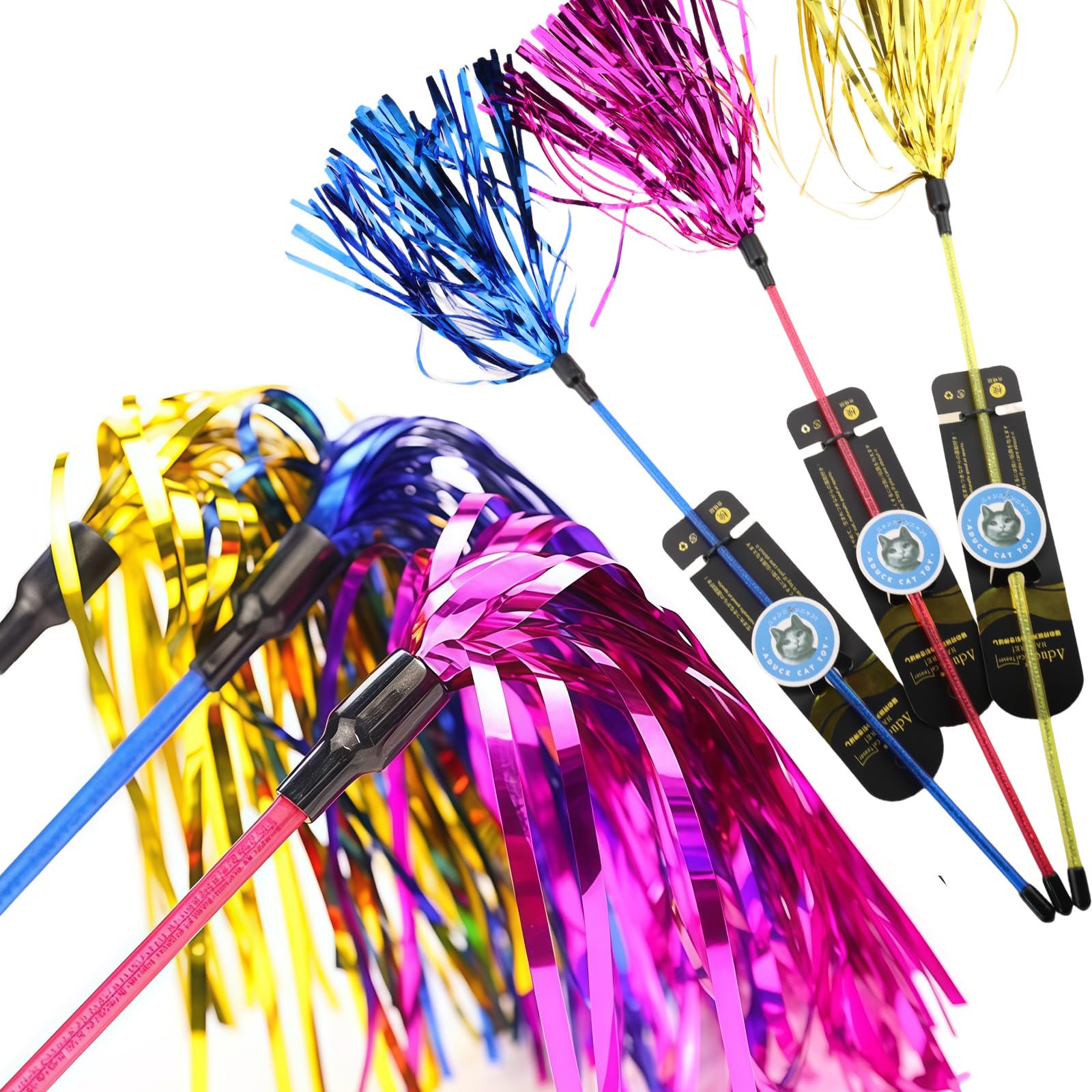 ADUCK Giocattolo interattivo per gatti, bacchetta giocattolo con nappe, cattura vermi per gatti e gattini, confezione da 3 (oro + blu + rosa)