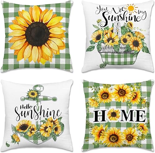 pinata Juego de 4 fundas de almohada de primavera de girasol de 18 x 18 pulgadas, fundas de almohada de verano para exteriores, decoración de