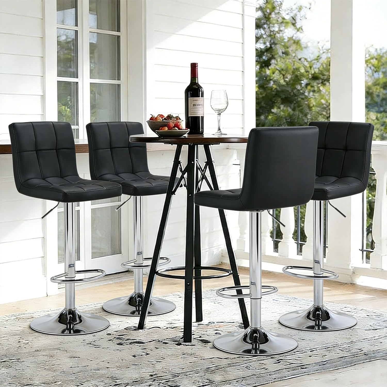 Sweetcrispy Bar Stools Set of 2, Armless PU Leather Adjustable Swivel Barstools, Hydraulic Kitchen Counter Height Thickened Seat Cushion Square Island Countertop Chairs with Back, Black