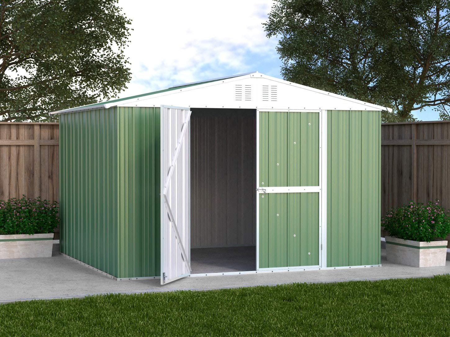 Box in Acciaio Zincato Casetta da Giardino in Lamiera 3.27 x 2.69 m x h2.17 m - 132 KG – 8,80 metri quadri (Verde)
